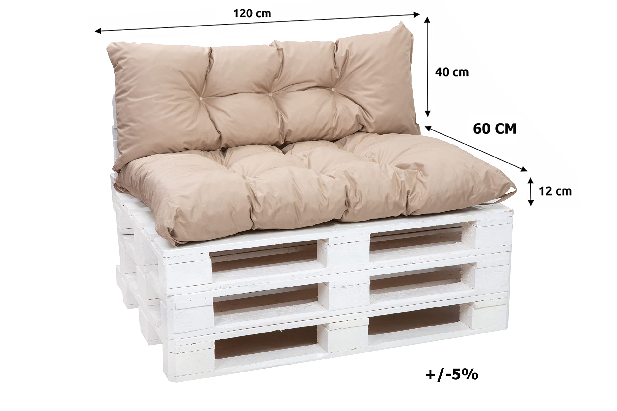 Juego de cojines para muebles de jardín, de palés, para exteriores, respaldo y asiento, muchos colores y tamaños (beis, juego de 120 x 60 + cojines de respaldo de 120 x 40 cm)