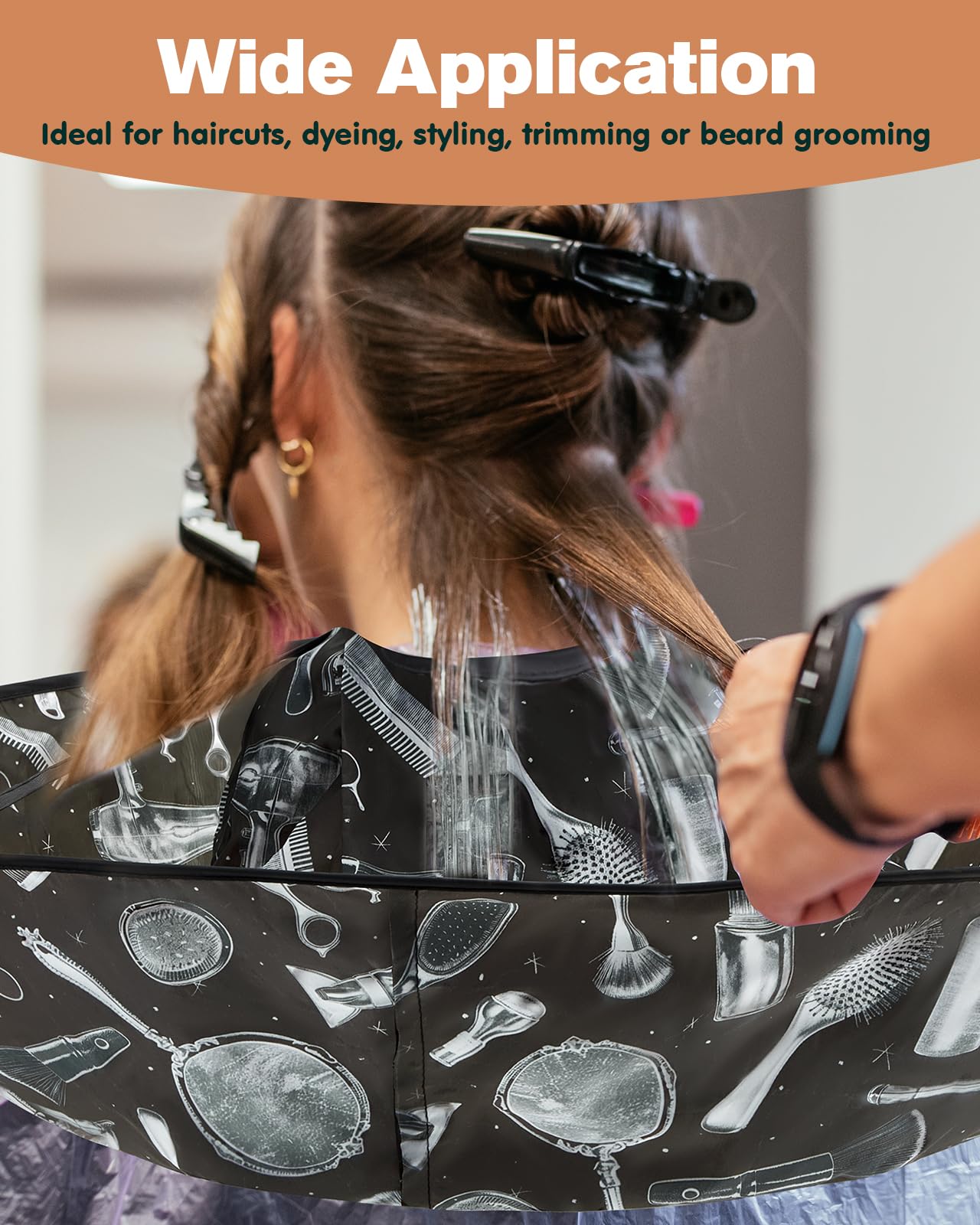 Capa de pelo ajustable, capa de pelo ajustable, capa de peluquería impermeable, capa de peluquería plegable con peine negro, para adultos y niños, salón de belleza y uso doméstico, Negro - 5