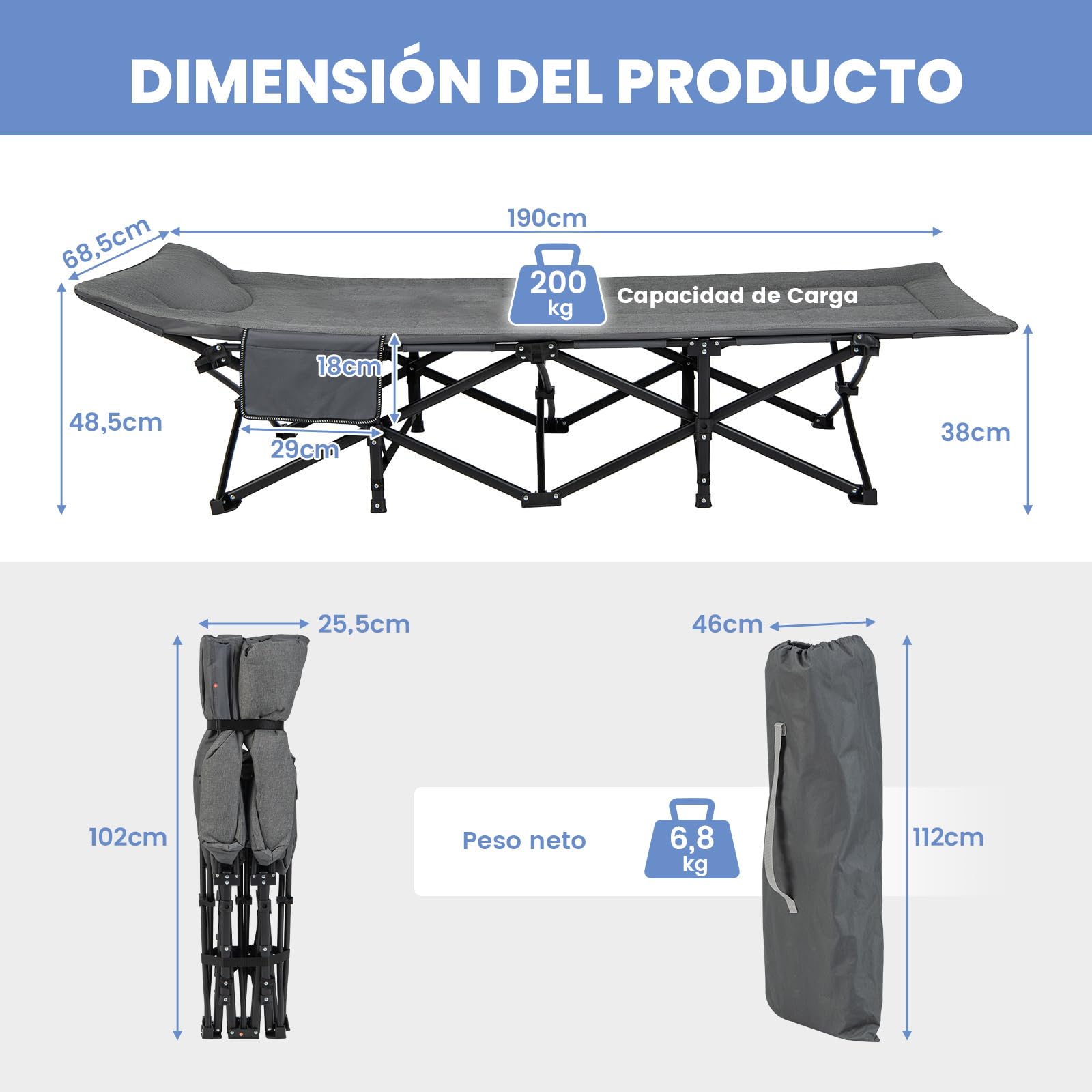 COSTWAY Cama Plegable Camping, Cama Camping con Cojín Cómodo, Reposacabezas y Bolsillo Lateral, Catre Plegable Camping, Bolsa de Transporte, Peso Neto 6,8kg, 190 x 68,5 x 48,5 cm
