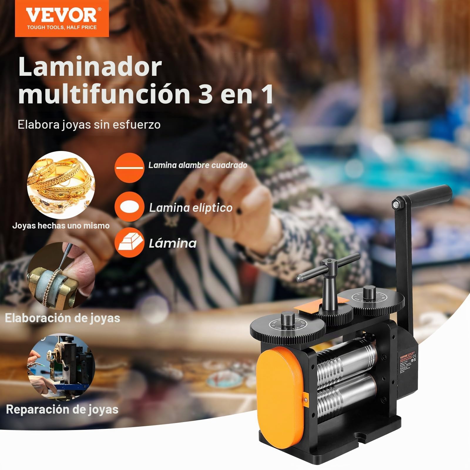 VEVOR Laminador de Joyería Ancho 57mm Espesor de Máquina Laminadora de Joyería 0-5,5 mm Relación de Engranaje Ajustable 1:2 para Procesamiento de Joyería Chapa de Metal Oro Plata Anillo Pulsera Taller