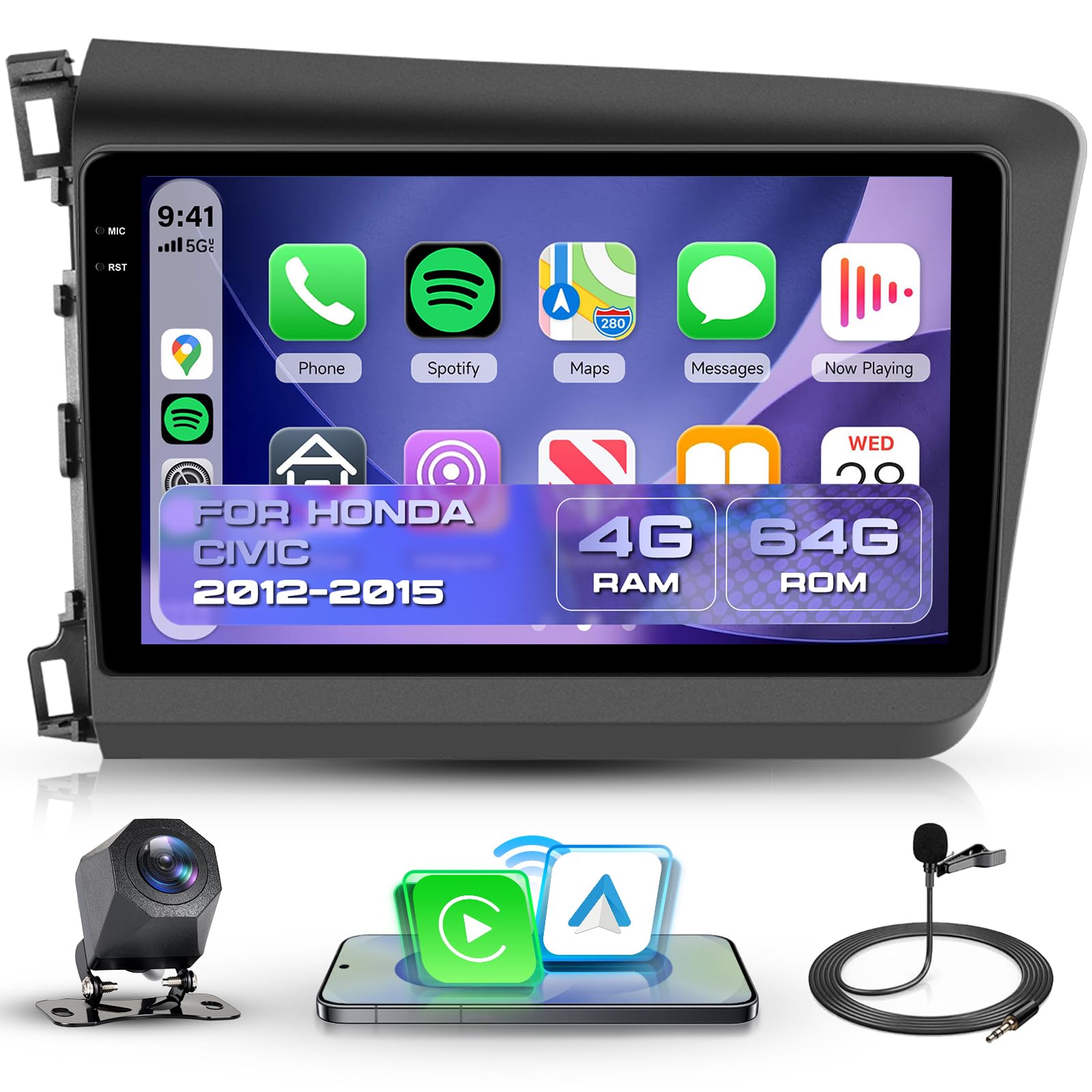 2G+64G Car Radio Stereo for Honda Civic 2012-2015 with Wireless CarPlay/Android Auto, 9 Inch HD Touch Screen Android 13 Head Unit USB/Type C GPS WiFi Bluetooth FM/RDS HD Backup Camera