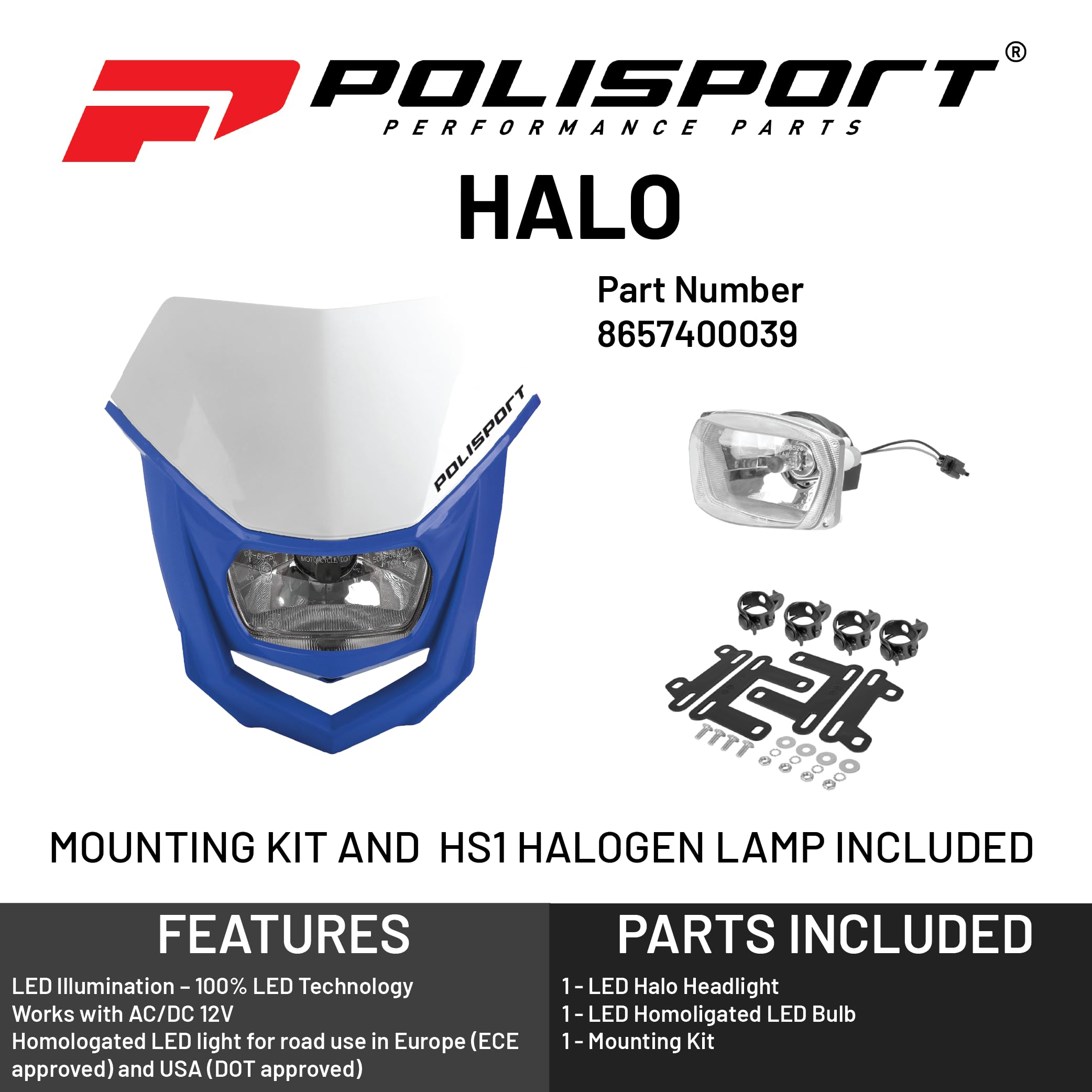 Polisport 8657400042 - Faro Delantero HALO de Polipropileno con lámpara de halógeno Compatible con Todos los Modelos de Motocross/Enduro en Color Blanco/Amarillo Fluor