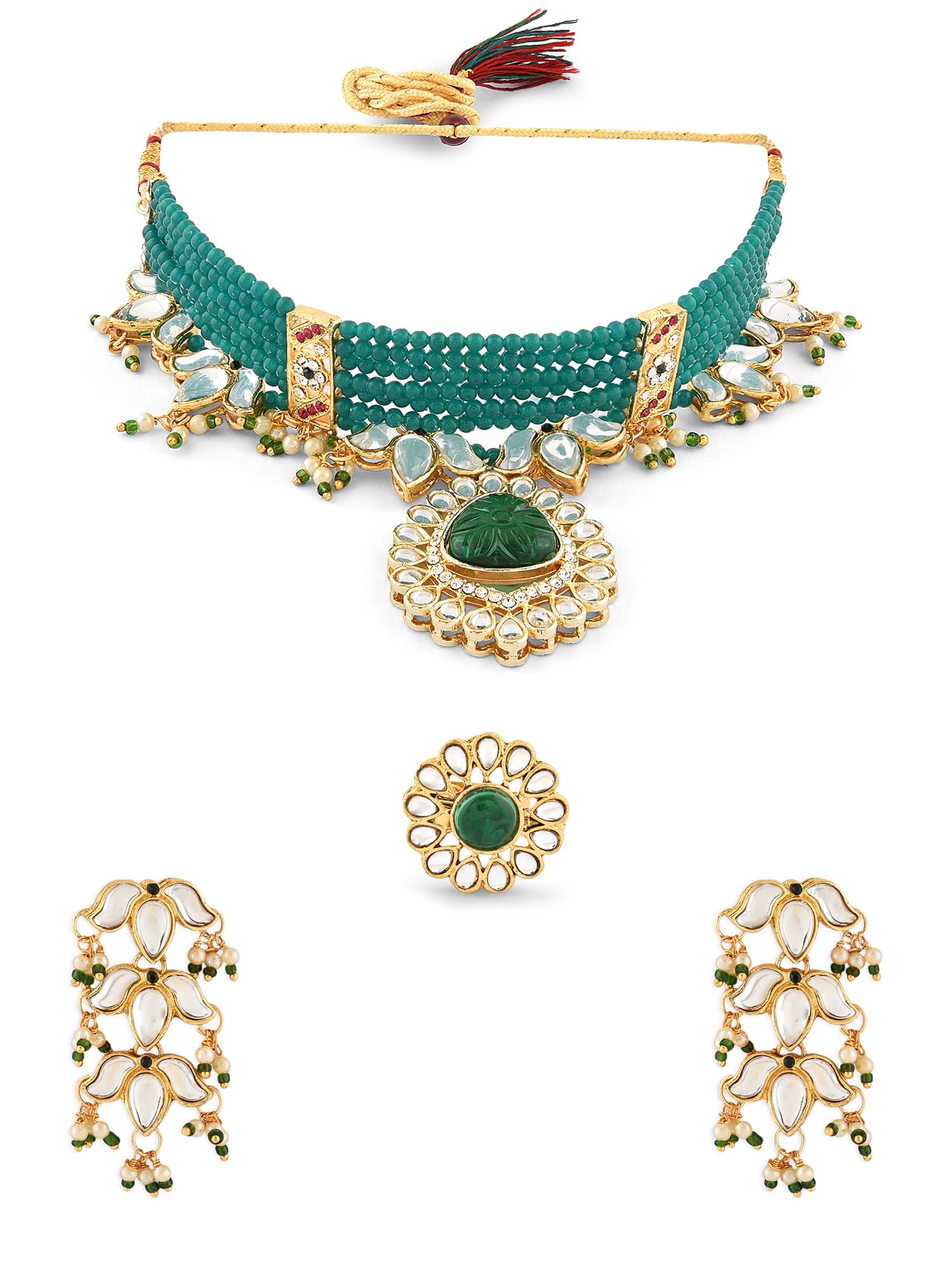ZAVERI PEARLS Green Multistrand Beaded Kundan Lotus Choker Necklace Earring Ring Set For Women-ZPFK15938 (B0C4TXBZZX) Amazon Price History, Amazon Price Tracker