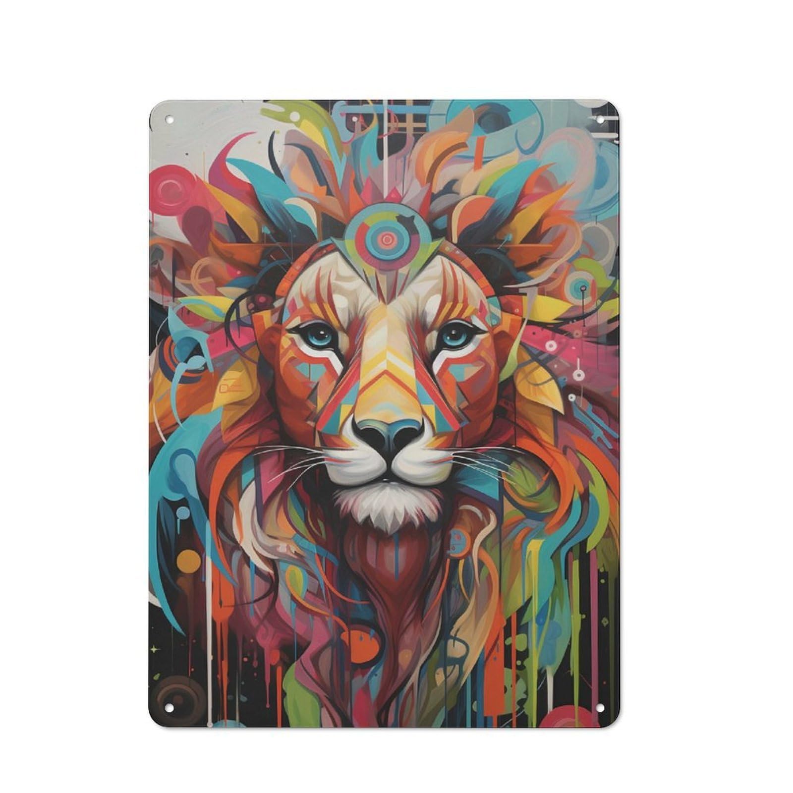 Industrial Metal Sign with Colorful Lion Abstract Art Design 40x30cm, Modern Retro Loft Wall Plaque for Workspace, Cafe, Hallway Or Garage