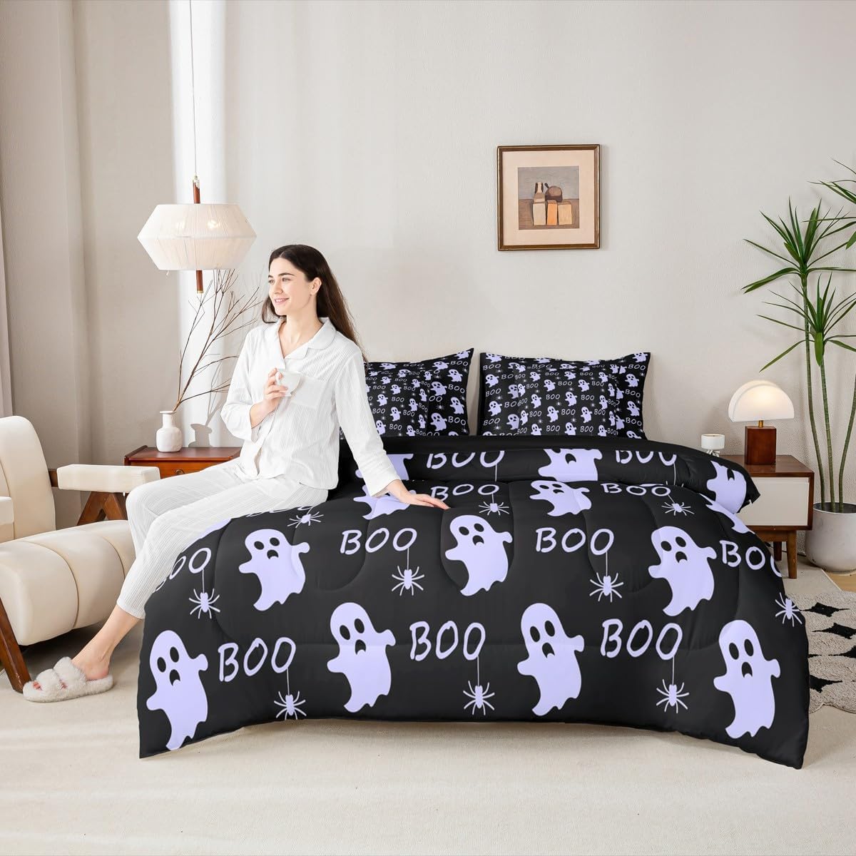 Feelyou Happy Halloween Queen Comforter Set with Sheets for Kids Boys Girls Kawaii Ghost Printed 7 Pieces Bedding Set Cute Ghost Bed in a Bag Room Decor Soft Lightweight Microfiber