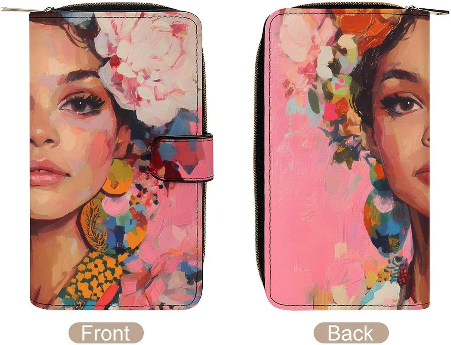 Woman with Flowers Painting Fashion Wallet Credit Card Holders Large Wristlet Handheld Coin Pockets