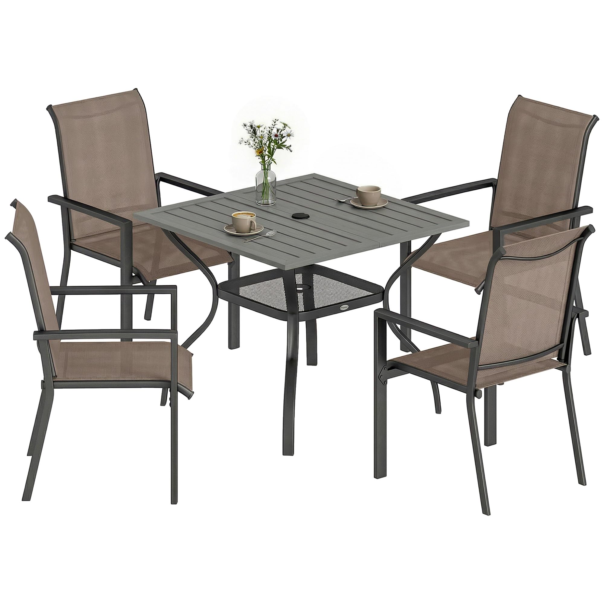 Outsunny 5 Pieces Garden Dining Set for 4, Patio Table and Stackable Chairs with Breathable Mesh Seat and Parasol Hole, Garden Furniture Set with Steel Frame for Garden, Grey and Khaki
