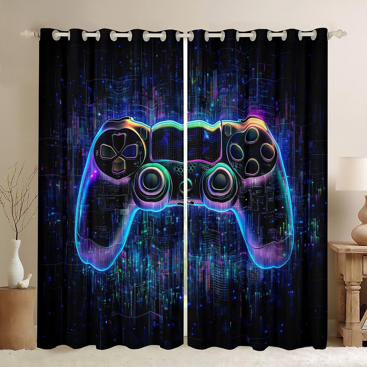 feelingyou Blue Black Game Controller Curtains for Windows,Electronic Game Line Printing Curtains for Living Room,Modern Gamer Gaming Blackout Drapes 2 Panel Sets,46x54L