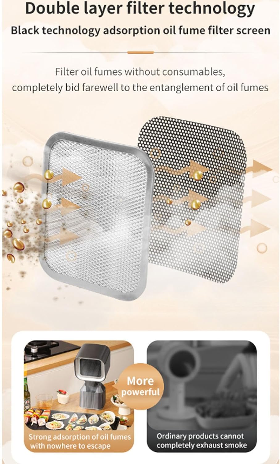 Double layer filter technology diagram showing oil fume adsorption