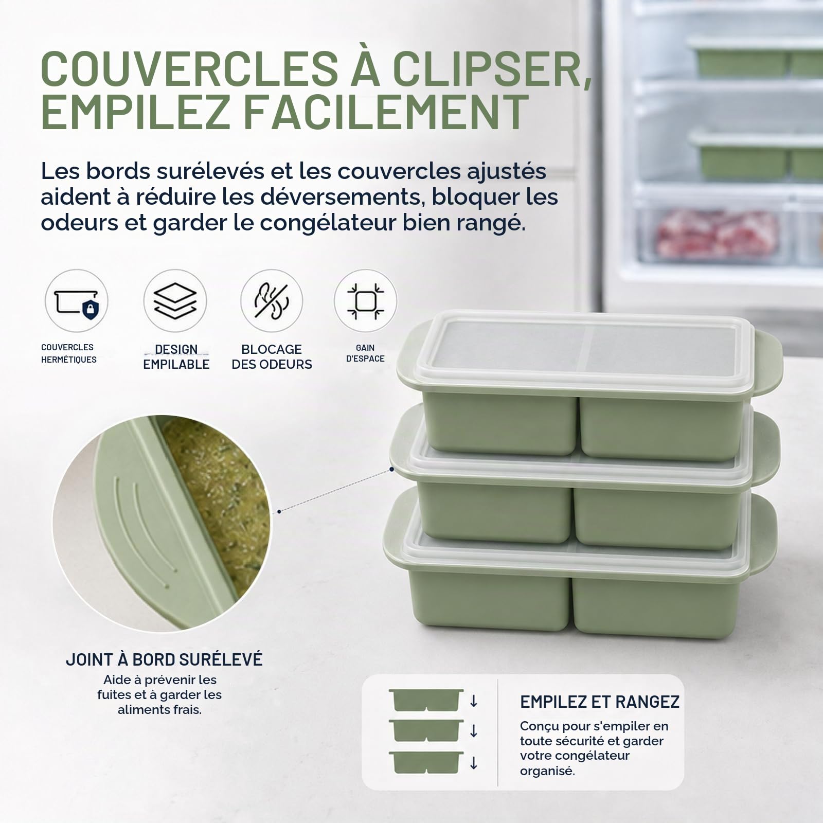 Plateaux de Congélation en Silicone Extra Larges avec Couvercle Lot de 4 | 2 Tasses par Compartiment Pour Congeler Soupes Bouillons et Sauces Facilement