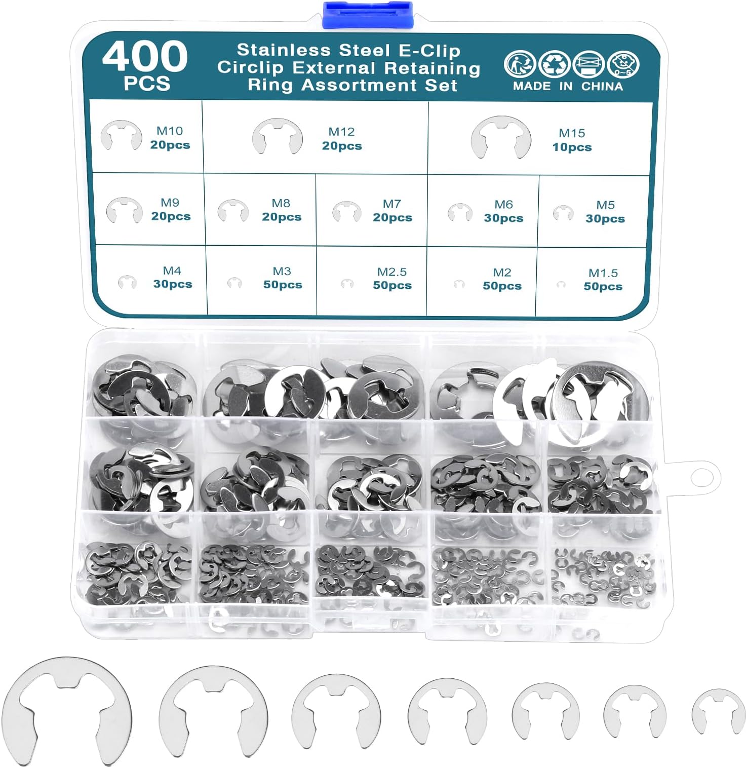 HSEAMALL 400pcs Circlips E Clips,Snap Rings Set, Retaining Rings Circlips External Stainless Steel E Clips 1.5-15mm 13 Sizes for Grooved Shafts, Pins, Studs