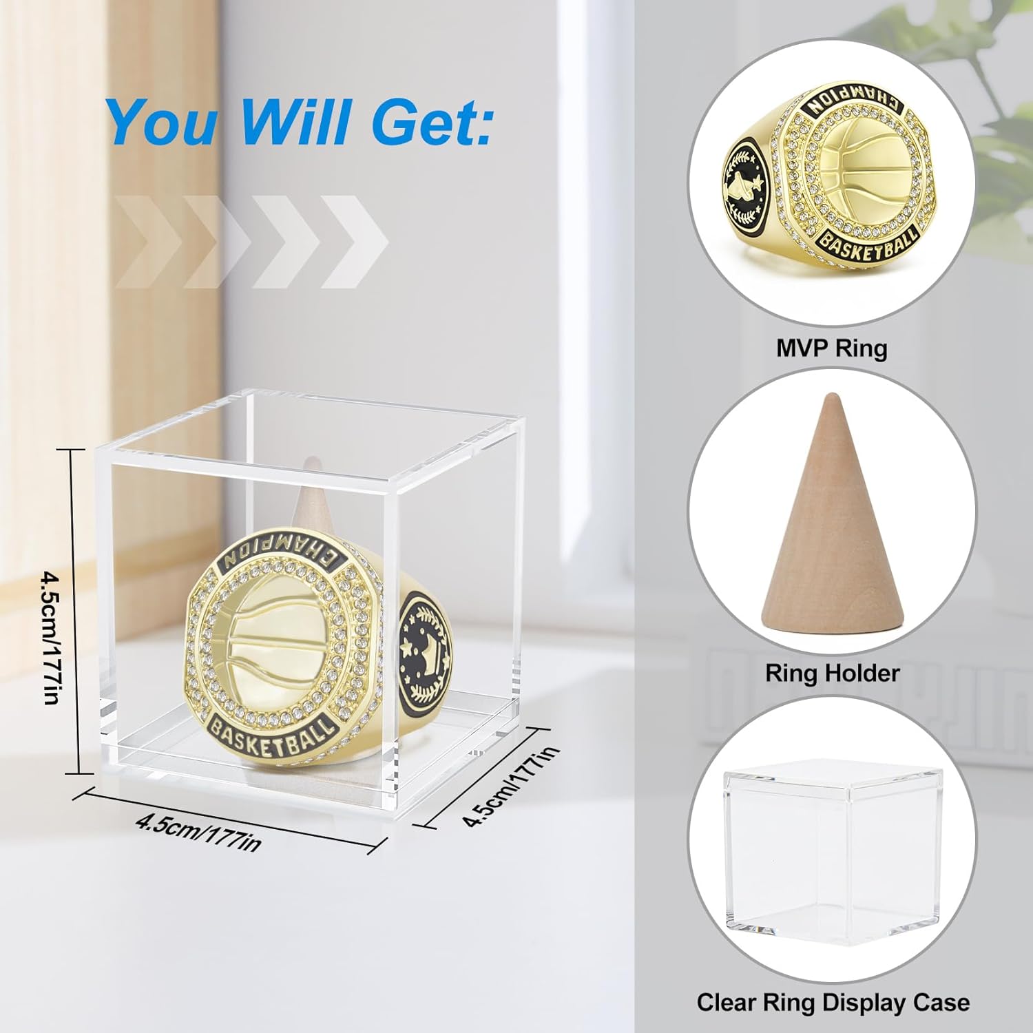 1-12 Pack MVP Football Baseball Basketball Soccer Champion Ring Championship Rings Most Valuable Player Football Baseball Basketball Soccer Gold Award Trophy Medals Ring with Display Case and Holder