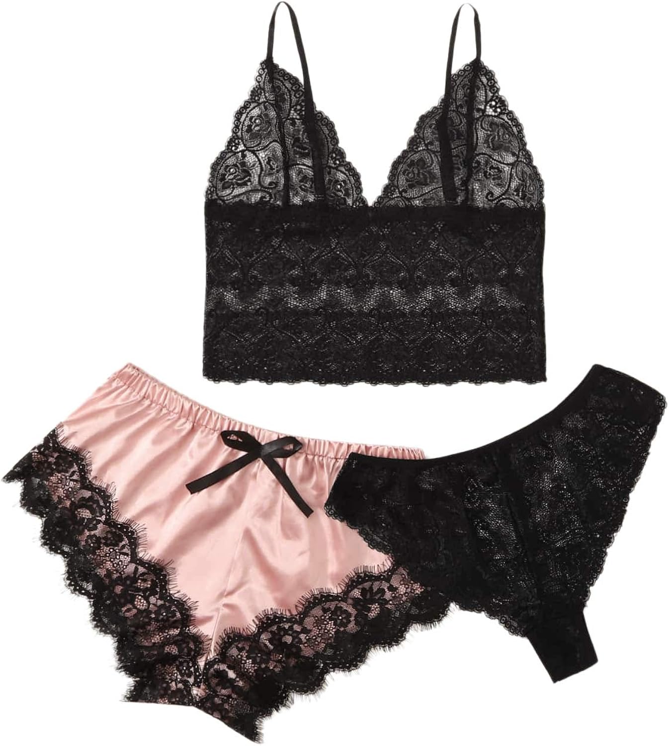 SweatyRocks Women's Lace Cami Top with Shorts with Panties 3 Piece Set Sexy Lingerie Pajama Set Sleepwear