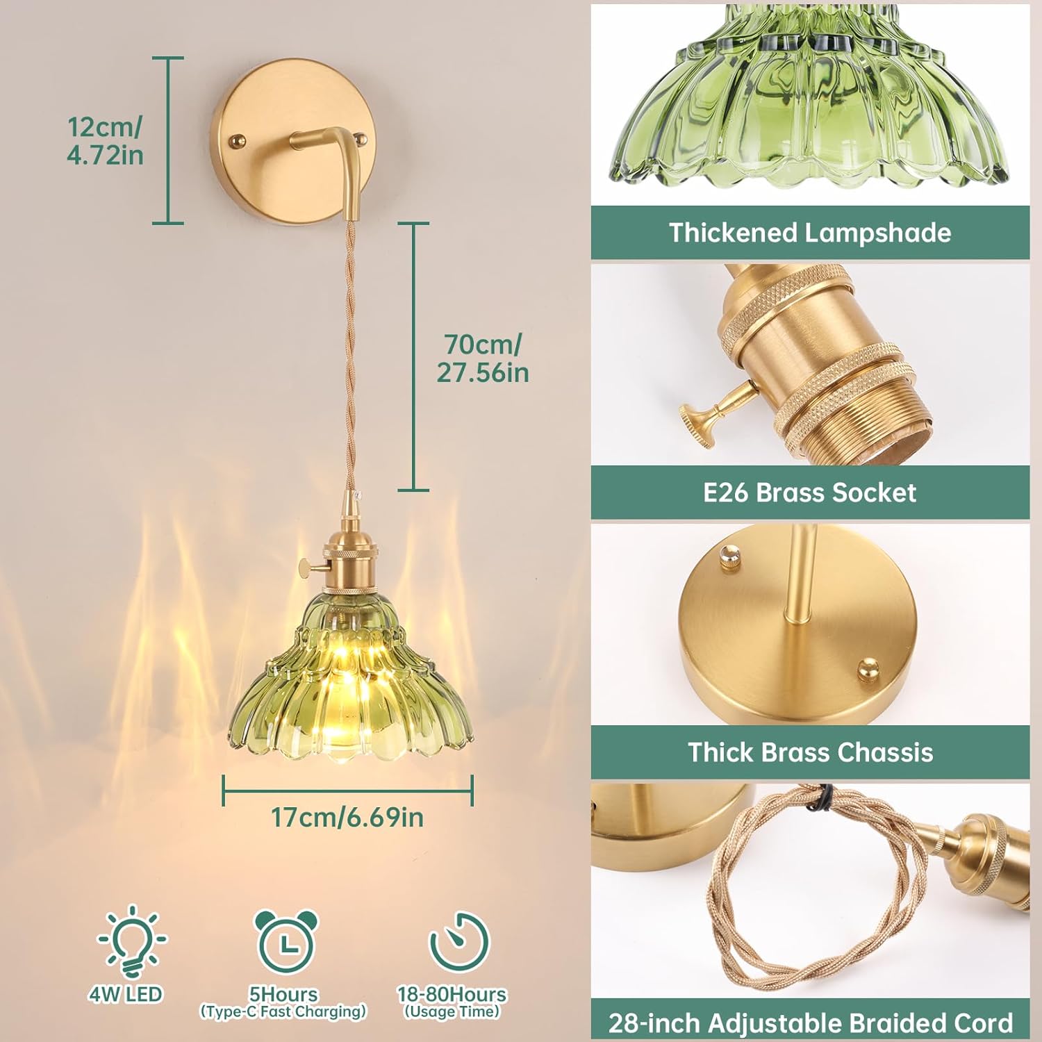 Shenmoyl Vintage Battery Operated wall sconces Set of 2, Wall Lamps with Green Lily of the Shade Pattern Glass, Adjustable Chain Wall Lights, sconces wall Decor for Stairway Living Room Doorway