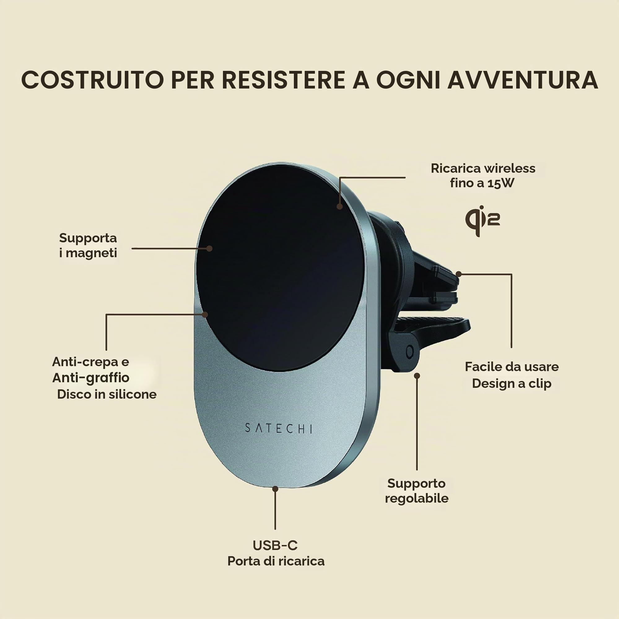 SATECHI Caricatore Wireless Qi2 per Auto, Ricarica Rapida 15W | 15W ricarica sicura, ideale per i viaggi, supporto per bocchetta, per iPhone 17 a 12