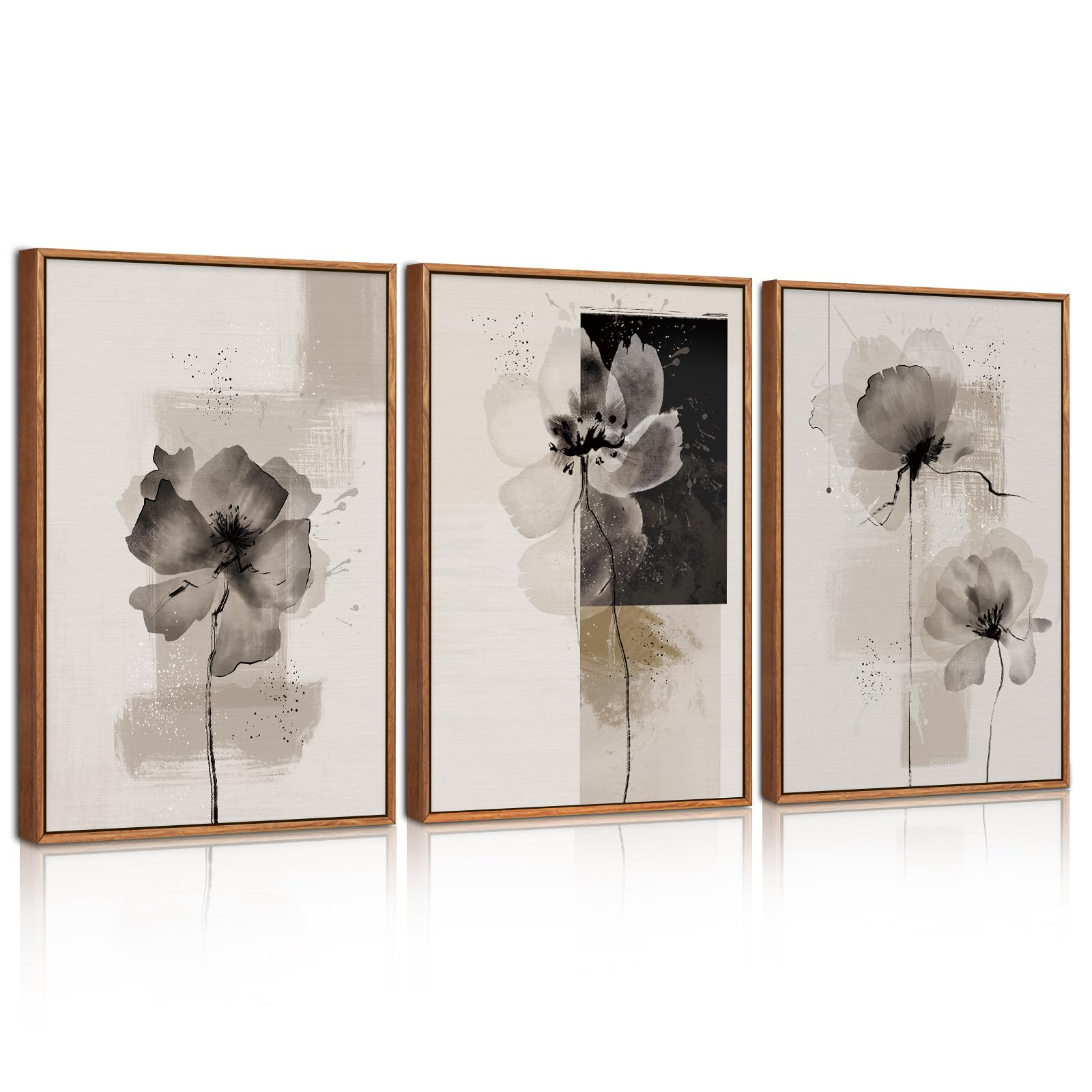 ANHUIB Set of 3 Flowers Wall Art Black Neutral Framed Wall Art Beige Abstract Floral Canvas Wall Decor Minimalist Modern White Flower Art Prints for Living Room Bedroom Hallway Office Decor 30x40cm — image 1