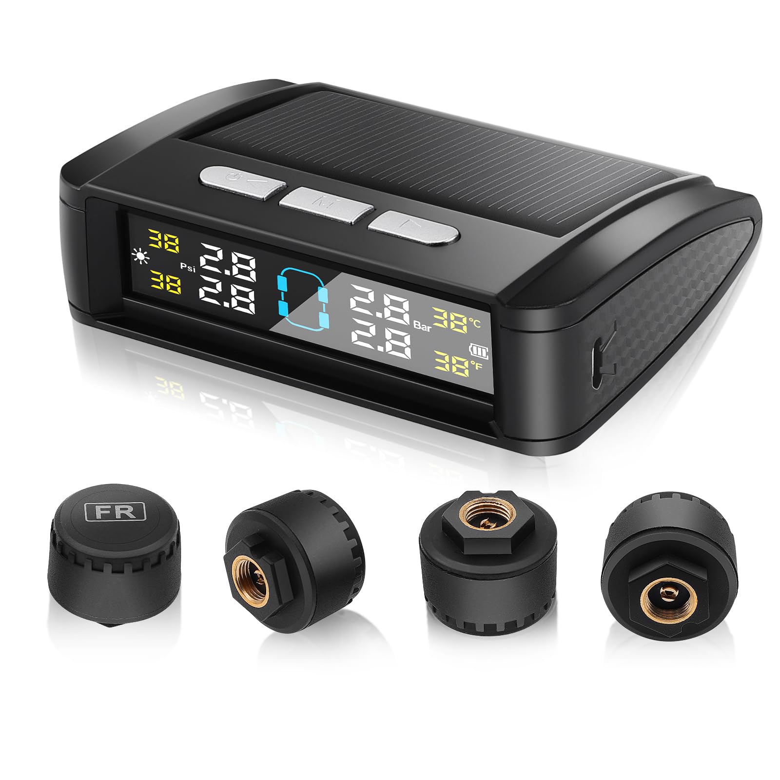0-6 bar Sistema di Monitoraggio della Pressione dei Pneumatici TPMS con 4 Gomme Sensore Esterni degli Pneumatici 5 Modalità di Allarme, Universale ad Energia Solare per Auto SUV Caravan