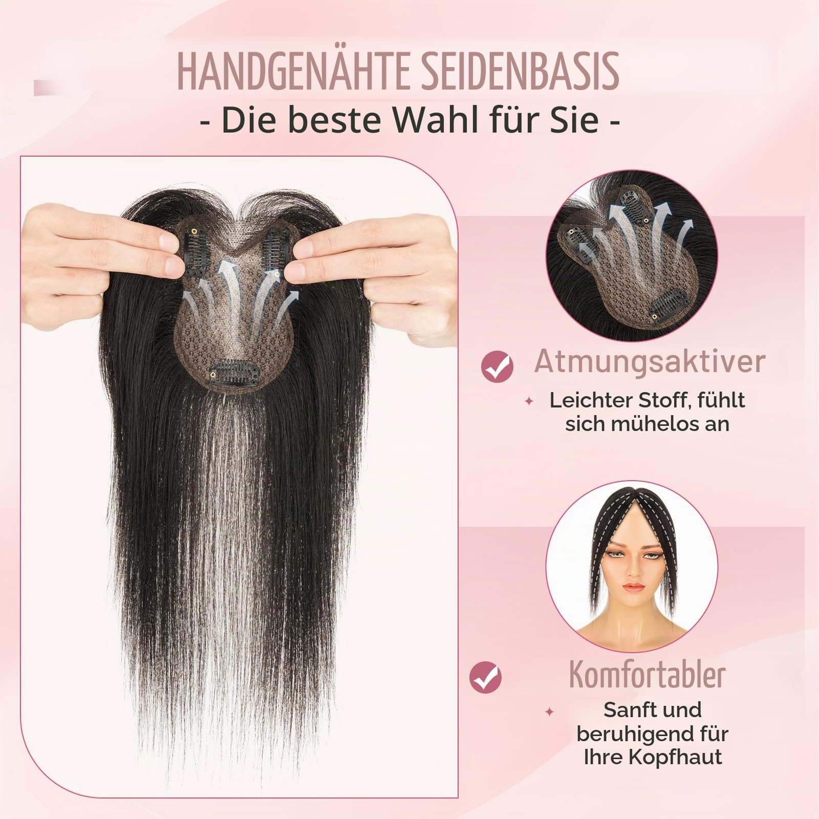 Echthaar Hair Topper für Frauen mit #C - 21g Handgebunden Basis Haar Topper Atmungsaktives Tüllnetz Spitze Basis 100% Echtes Haar Clip in Topper Natürliche Farbe