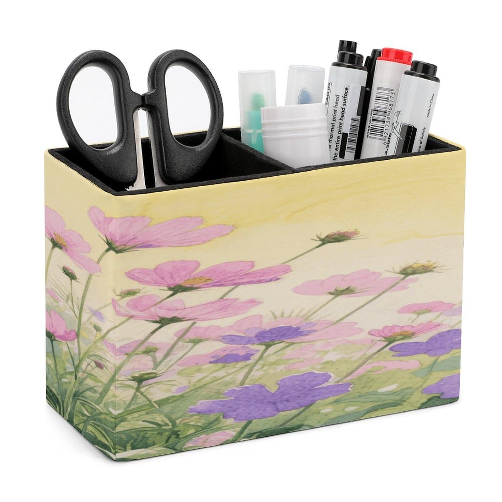 VstaDank Pink And Purple Flower Watercolor Pencil Holder for Desk Organizer 2 Compartments Pen Cup Leather Square Pen Holder Pencil Cup Stand Makeup Brush Holders for Desktop Organizer Storage Case