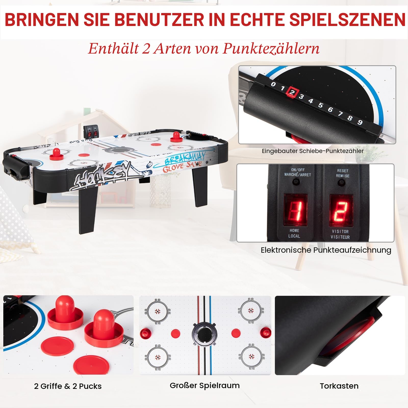 HOMASIS 42'' Airhockey Tisch, Air Hockey Spieltisch mit elektronischem LED-Punktezähler, Tischhockey inkl. 2 Pucks & 2 Griffen & 2 Ziele, Airhockeytisch Lufthockey Speedhockey für Kinder & Erwachsene