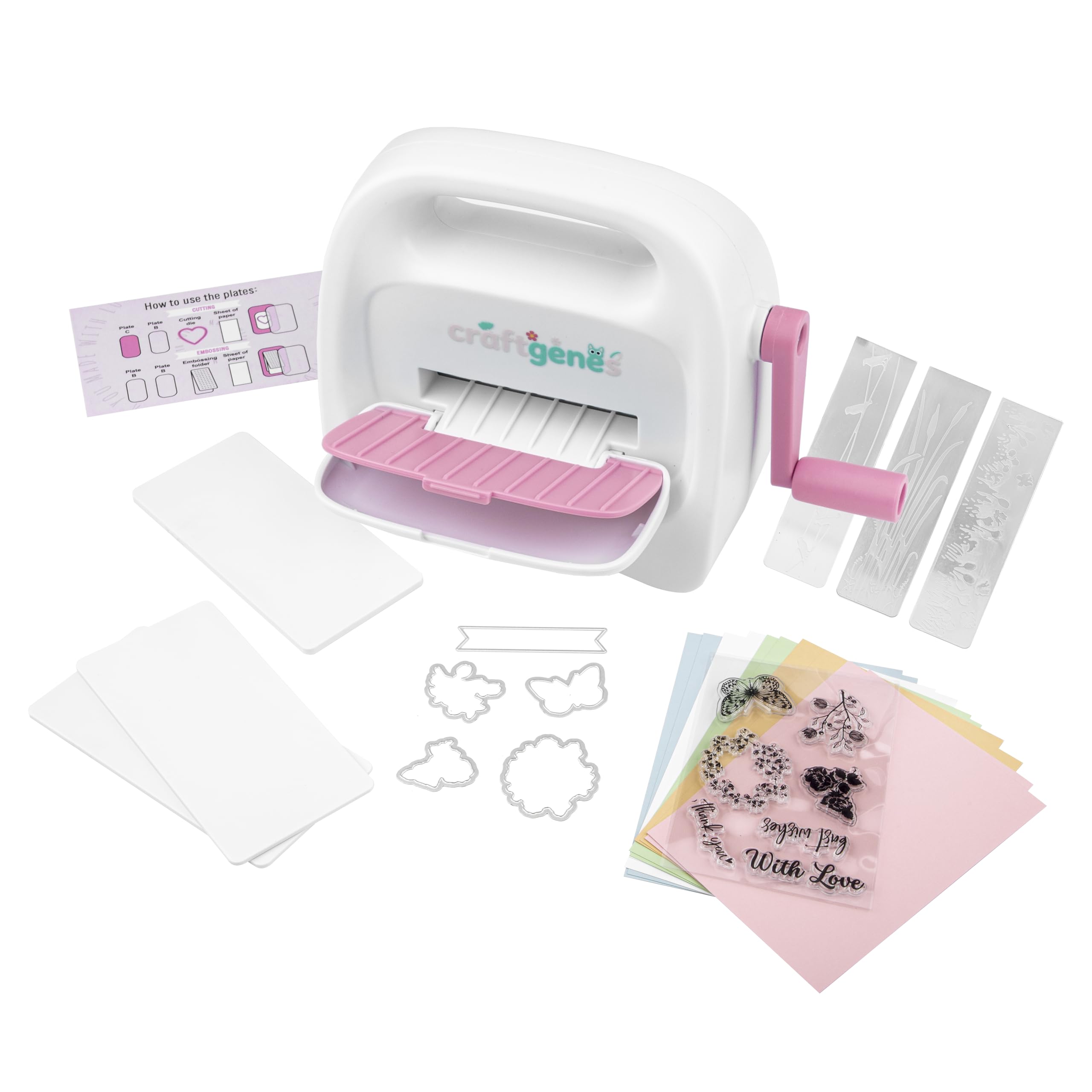 CraftGenes Mini machine de découpe et de gaufrage avec kit de démarrage, fente d'alimentation de 8,5 cm pour papier de 7,6 cm, comprend 24 accessoires pour loisirs créatifs, fabrication de cartes et