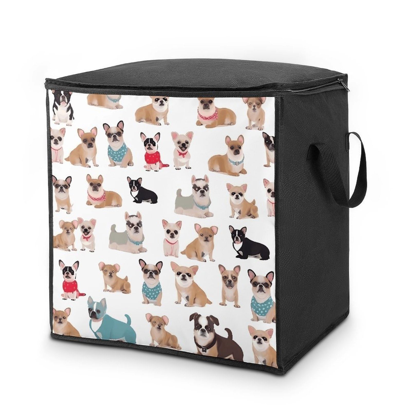 Cute Chihuahua Pug Pattern Storage Bag with Zippers And Handle Extra Large Bedding Comforter Storage Bag Foldable Blanket Storage Bags Fabric Moving Bags for Closet Organizer (70L)
