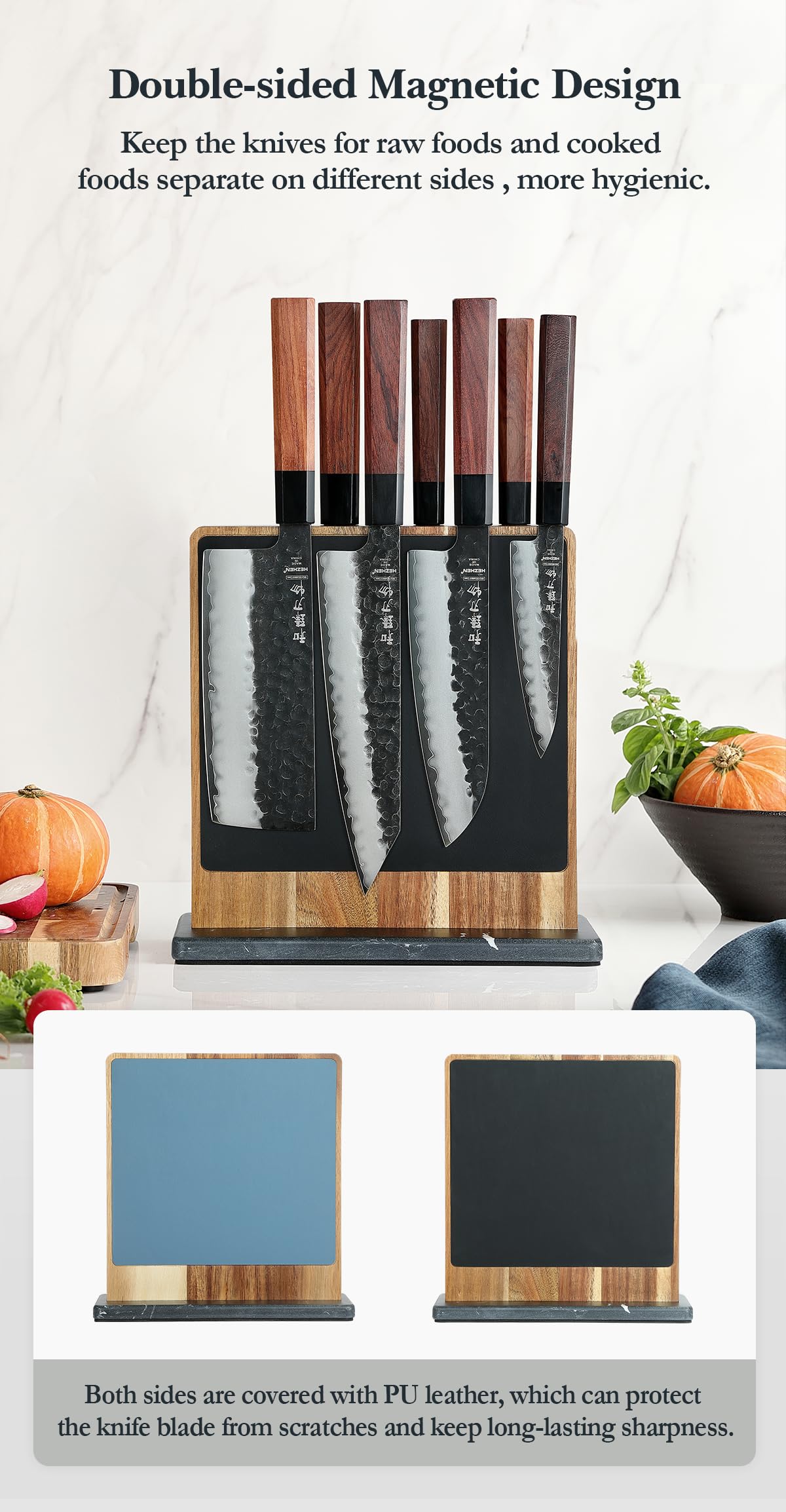 HEZHEN Juegos de Cuchillos de Cocina, Set Cuchillo de Cocina Profesional con Soporte para Cuchillos Magnético Doble Cara, Bloque de Cuchillos de Madera de