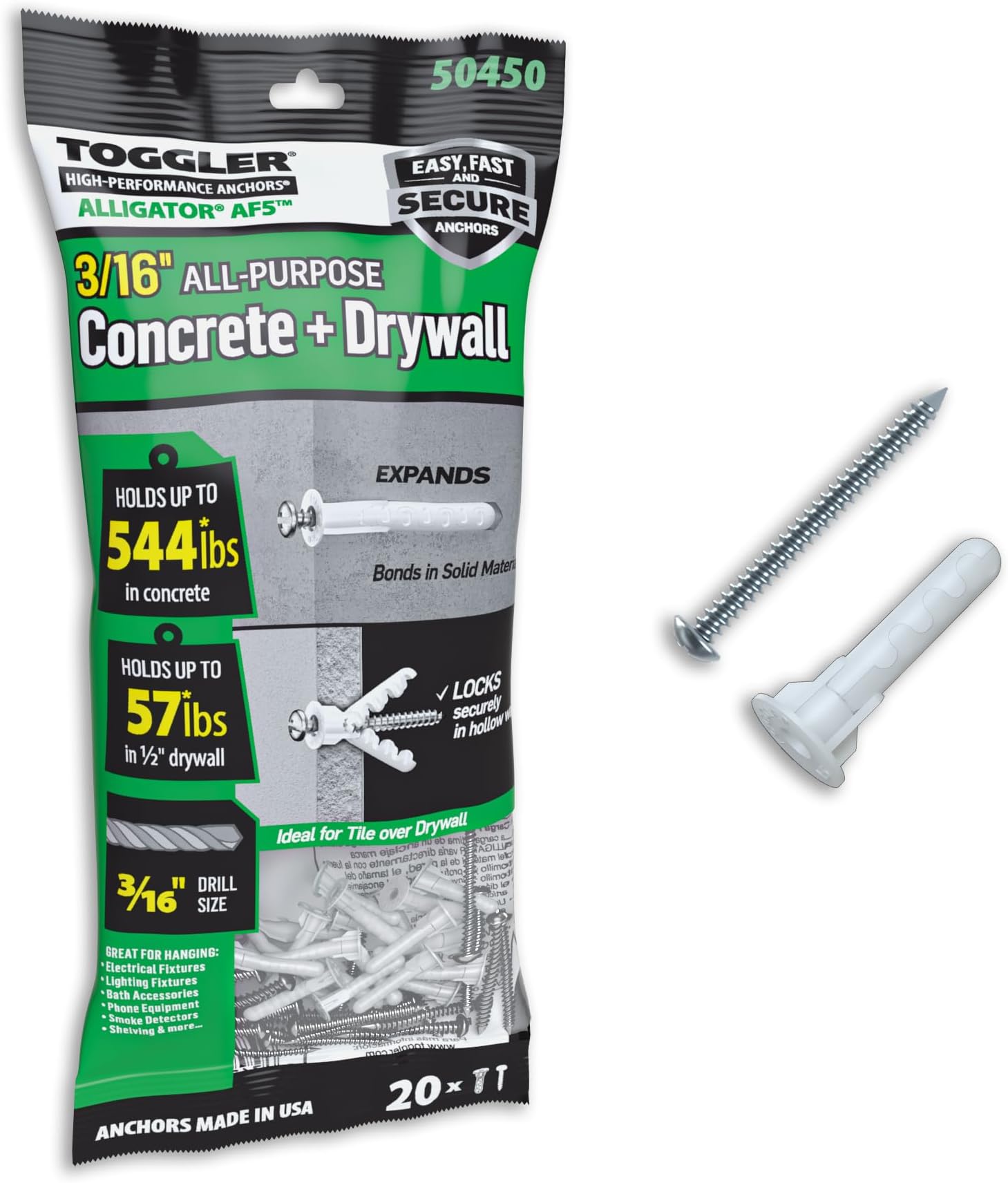 Alligator AF5 Flanged Polypropylene Anchors, Heavy Duty Wall Anchors for Concrete, Brick, Stone & Drywall, Fits #4–#9 Screws 3/16" Size, 75 lb in 1/2" Drywall (Pack of 20 with Scews)