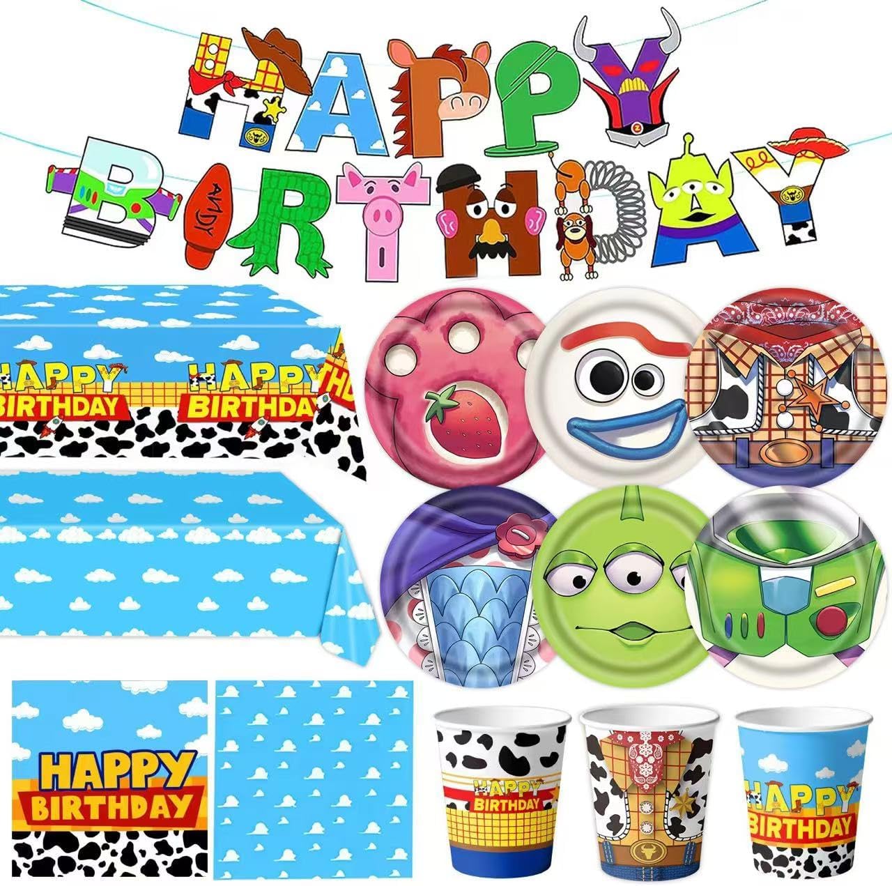Toy Birthday Party Supplies,123pcs Party Decorations include 6 Different Style Paper Plates,Banner,Tablecloth,Napkins and Cups for Boys Girls Birthday Decor, Serve 30+Guest