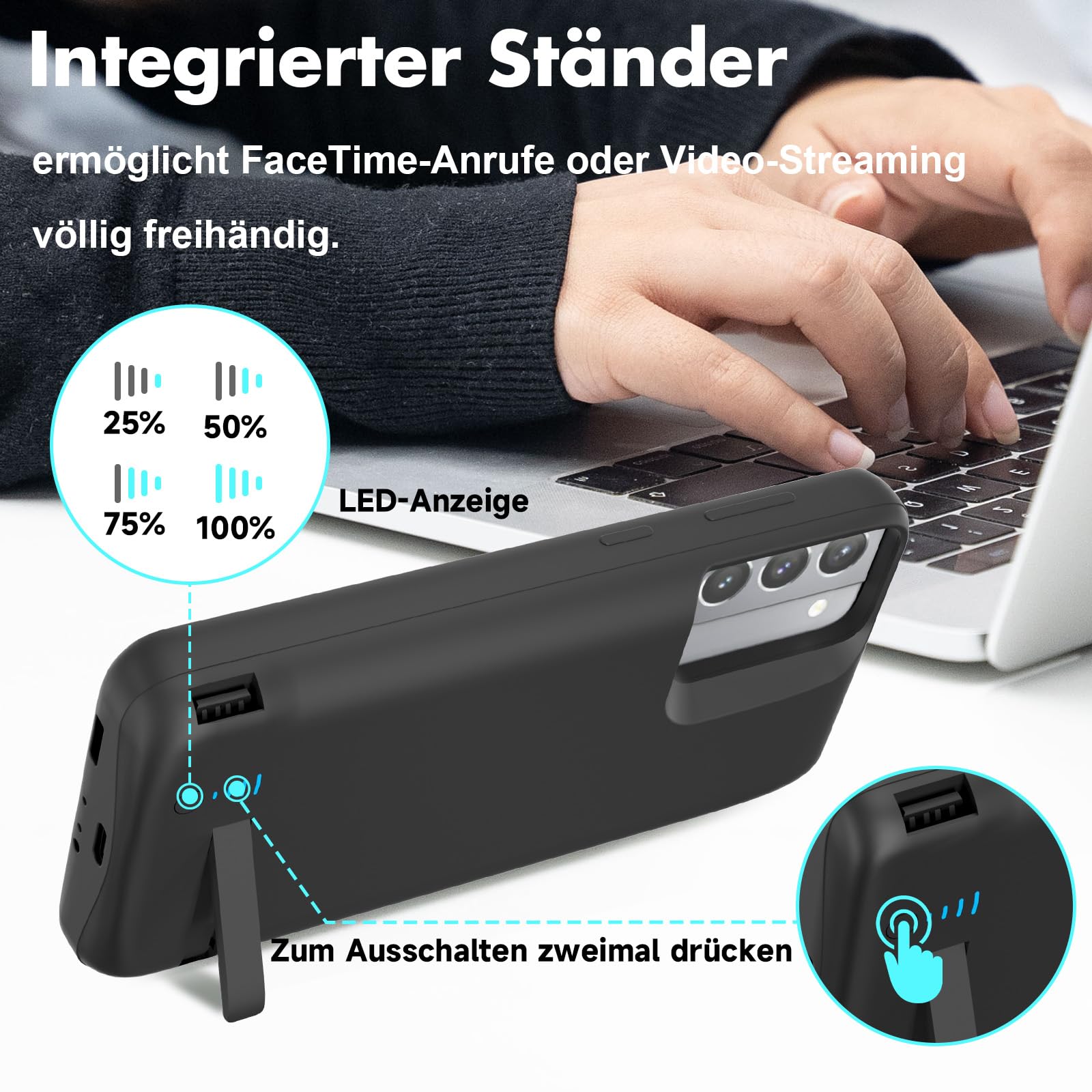 Akkuhülle für Samsung Galaxy S21, 7000 mAh Schlanke Wiederaufladbare Ladehülle Erweiterte Ladehülle, Backup-Akkuladegerät Tragbare Powerbank für Samsung Galaxy S21 (6,2 Zoll) – Schwarz
