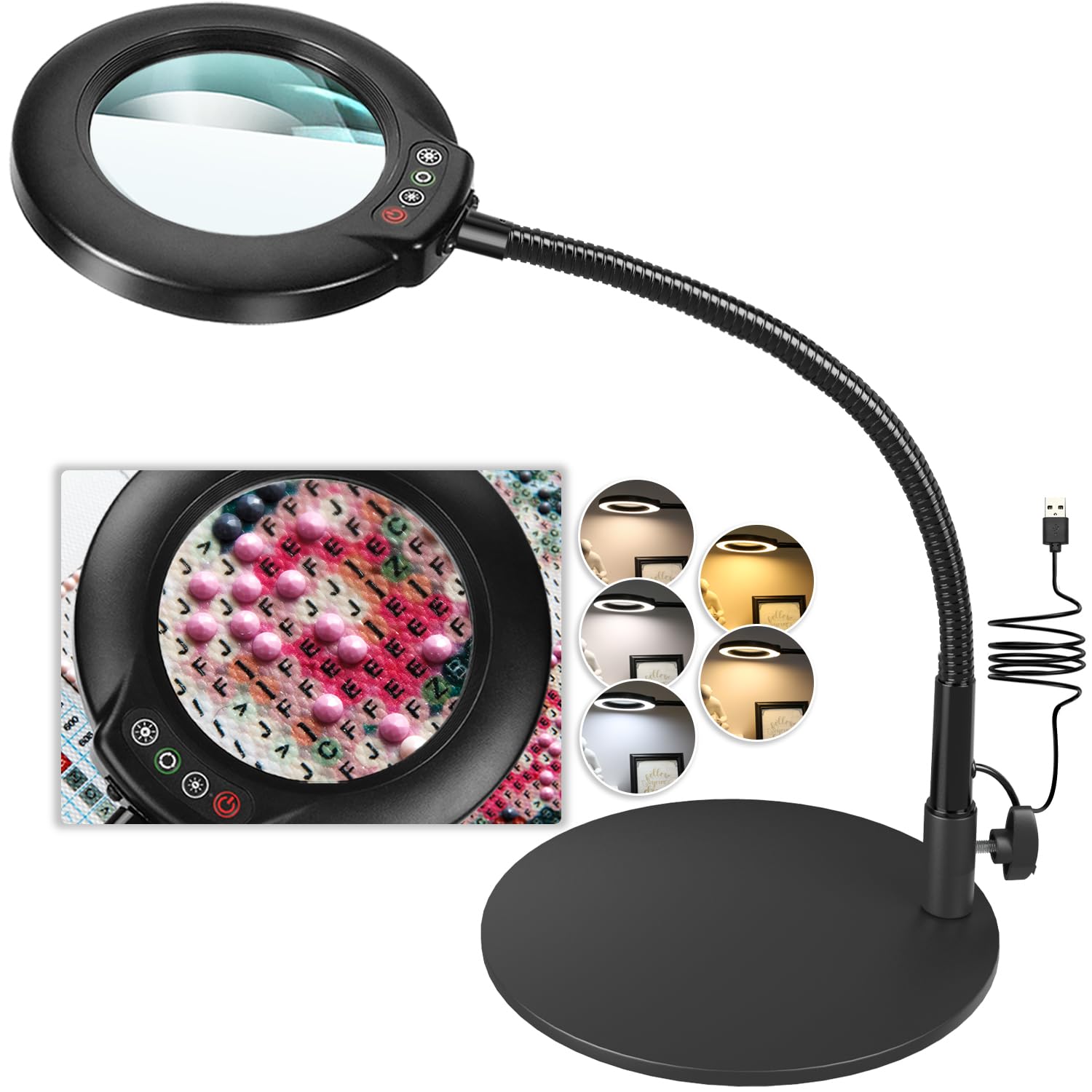Veemagni 12X Magnifying Glass with Light and Stand, 16.5in Flexible Gooseneck, 5 Color Modes Stepless Dimmable LED Lighted Desk Lamp, Hands Free Magnifier for Craft Hobby Sewing Close Work, Black
