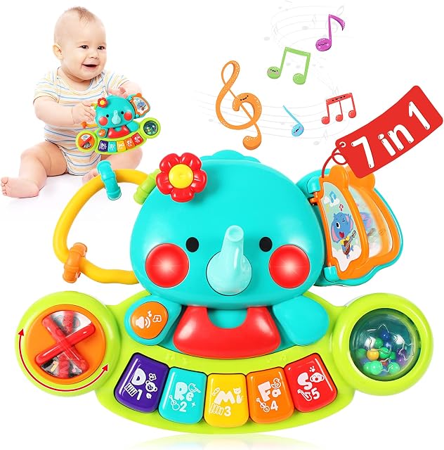 EastSun Baby Toys 6-12 Months 7 in 1 Musical Elephant Piano Toy for 6 Months Plus Babies Boys Girls Infants Toddlers Early Educational Toy with Light Sound
