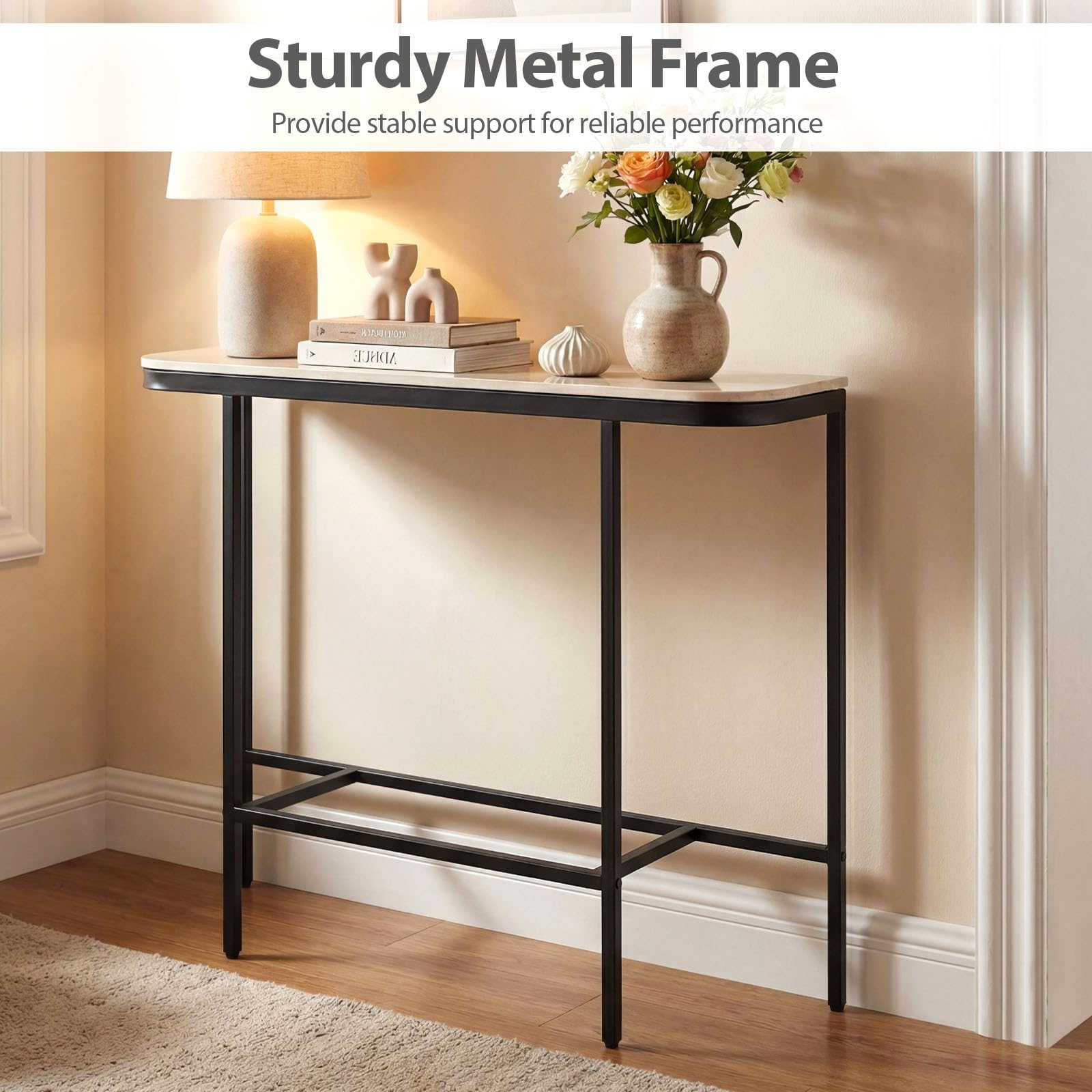 LIFEZEAL Consolle Ingresso, Tavolo Consolle, in Pietra e Metallo, con Effetto di Marmo, Moderno, Salvaspazio, Console Dietro Divano, per Entrata, Corridoio, 110x30x91 cm, Grigio e Nero