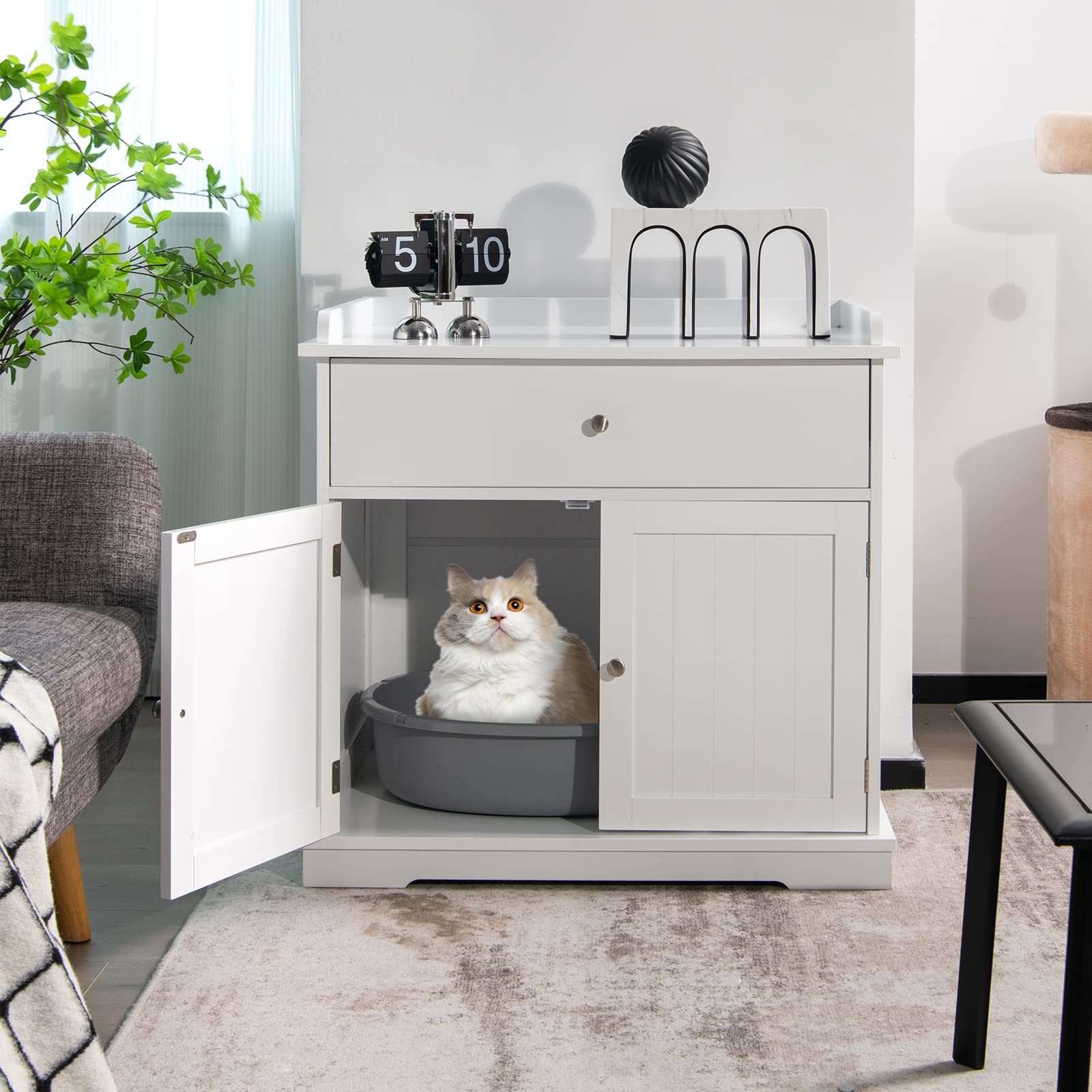 SOARS Mobile Lettiera per Gatti con 2 Ante e Cassetto, Armadio per Gatto in Legno con Ingresso Laterale, Grotta Rifugio Multiuso per Soggiorno, Camera da Letto e Ingresso, 76 x 53 x 74 cm (Bianco)