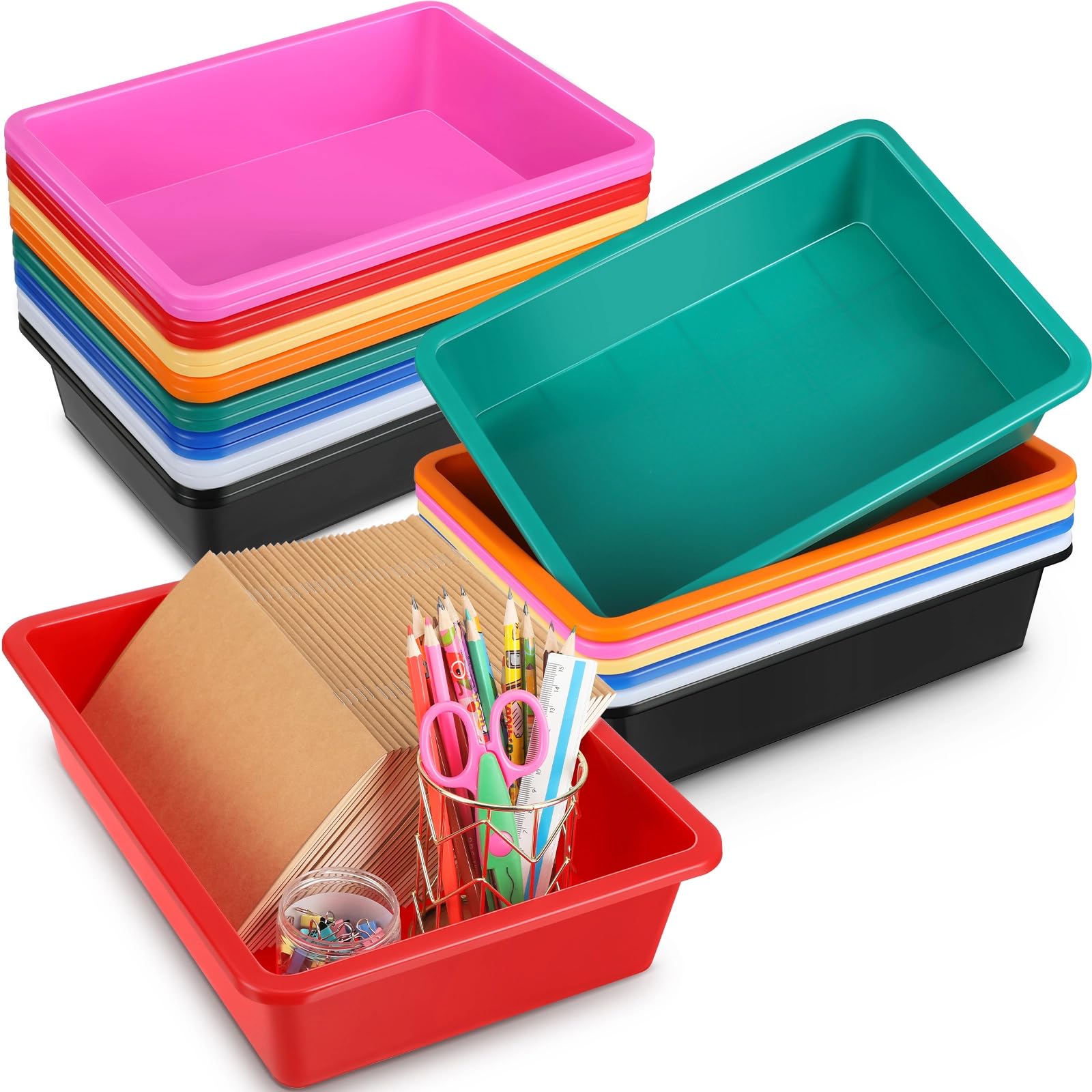 24 Stück PapierOrganizer, Briefgröße, flache Aufbewahrungstablett, buntes Kunststoff, zum Einschieben, Klassenzimmer, Aktenhalter, Körbe für Klassenzimmer, Büro, Lehrer, Buch, Schulbedarf und