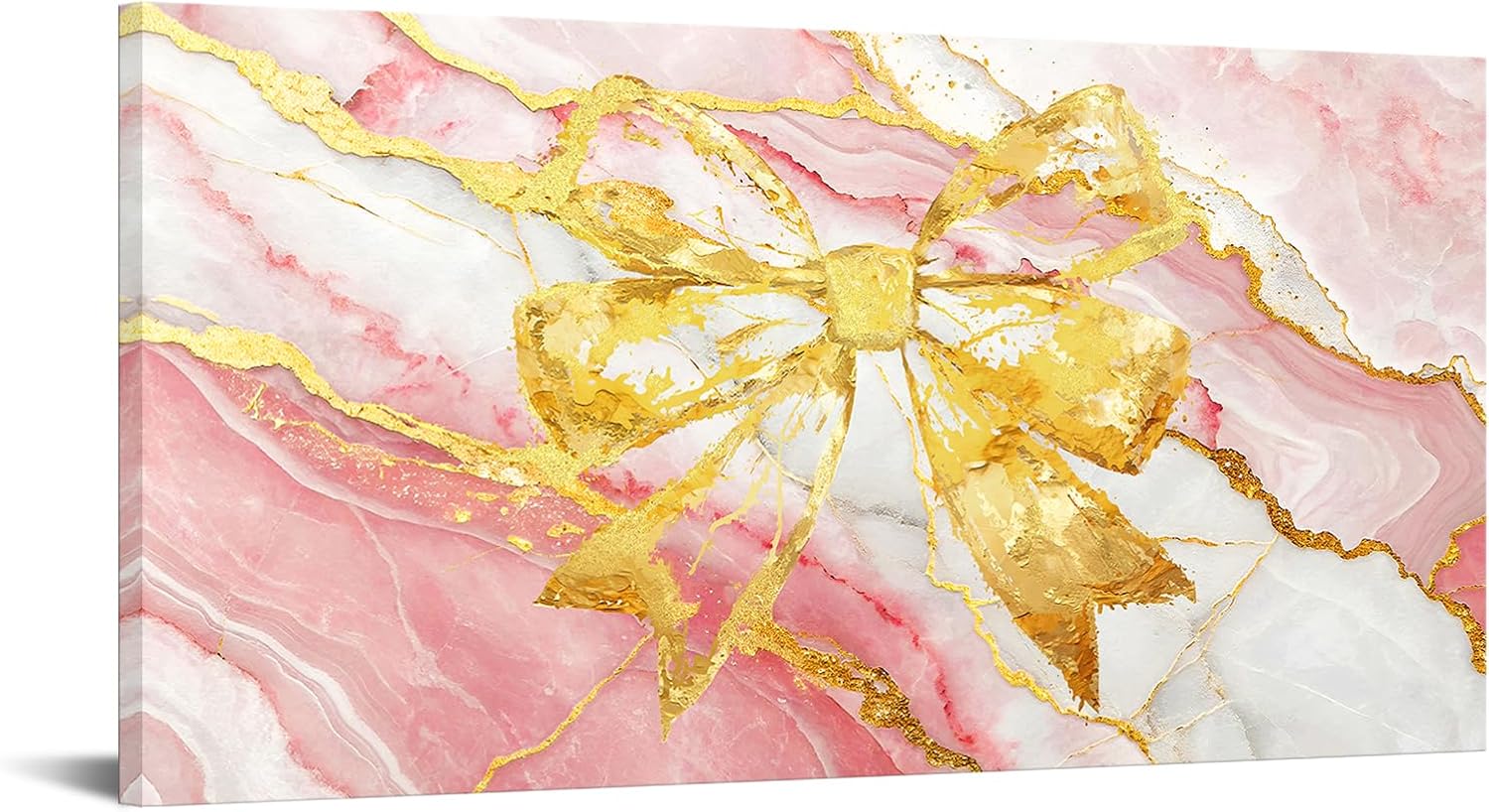 iKNOW FOTO Pink Marble Wall Art 20x40 Inch Canvas Print with Gold Bow Abstract Glam Artwork Modern Elegant Decoration for Bedroom Living Room Bathroom Office Lounge Dressing Room Ready to Hang