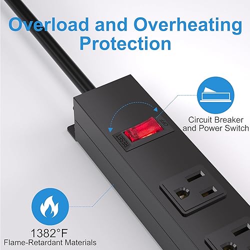 Miniatura 5 de Regleta de alimentación metálica de 6 tomacorrientes, toma de corriente resistente con interruptor, casa de aleación de aluminio, cable de