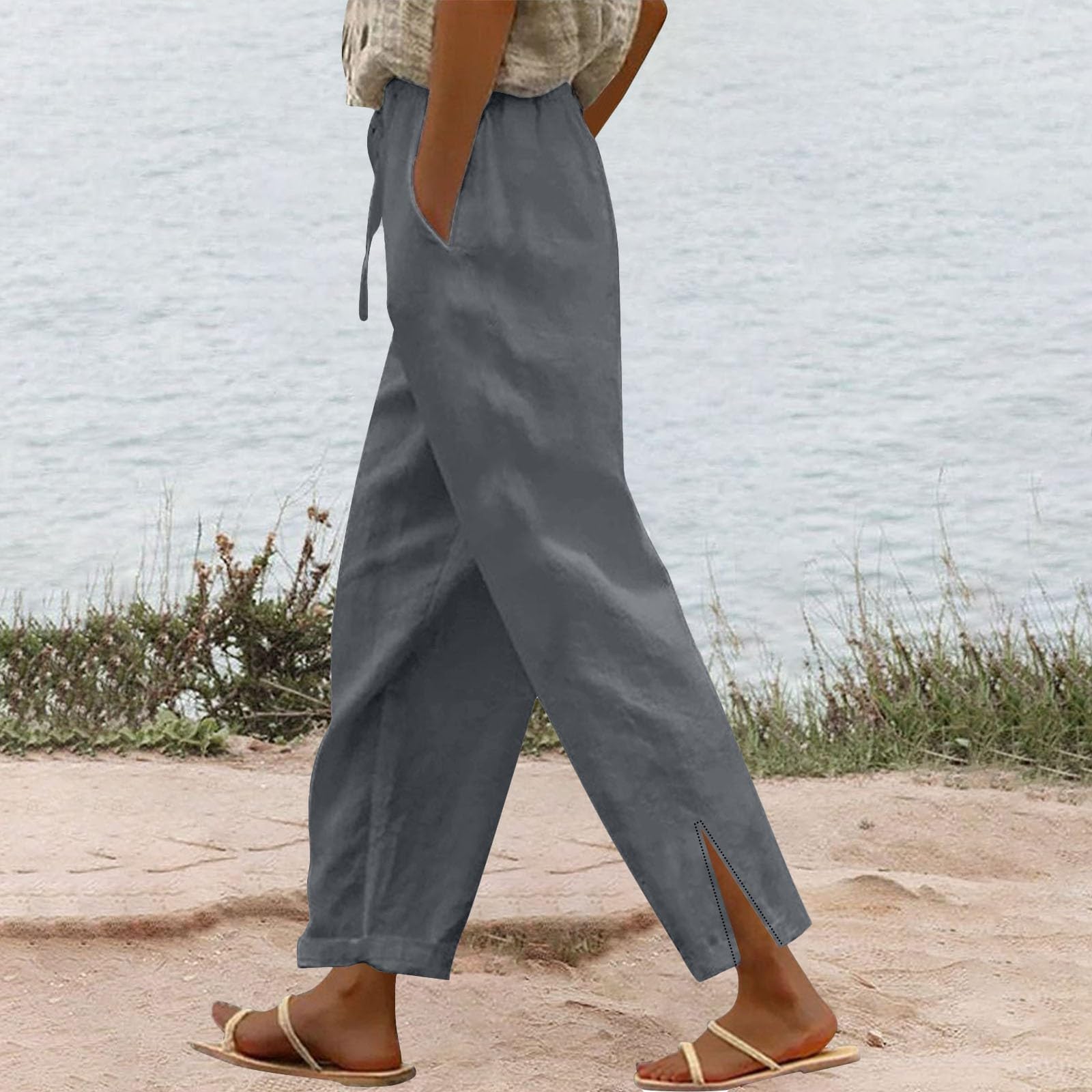 Cropped Linen Pants Women Petite Straight Leg High Waisted Hiking Lounge Pants with Pockets Lightweight Breathable Drawstring Capris Womens Summer Clothes 2025 Boho Beach Outfits for Women 2025