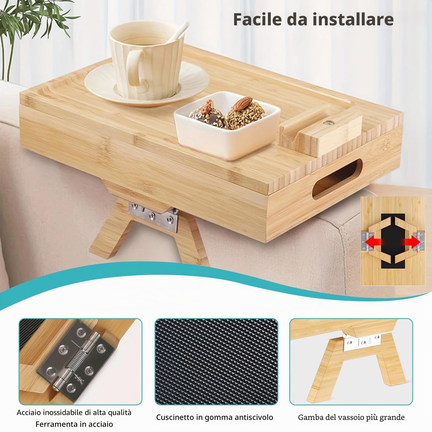 Braccioli da divano, vassoio flessibile in legno di bambù, supporto per bevande, bracciolo, a due piani, con piano girevole a 360° e supporto per cellulare per snack, telefoni cellulari, controller