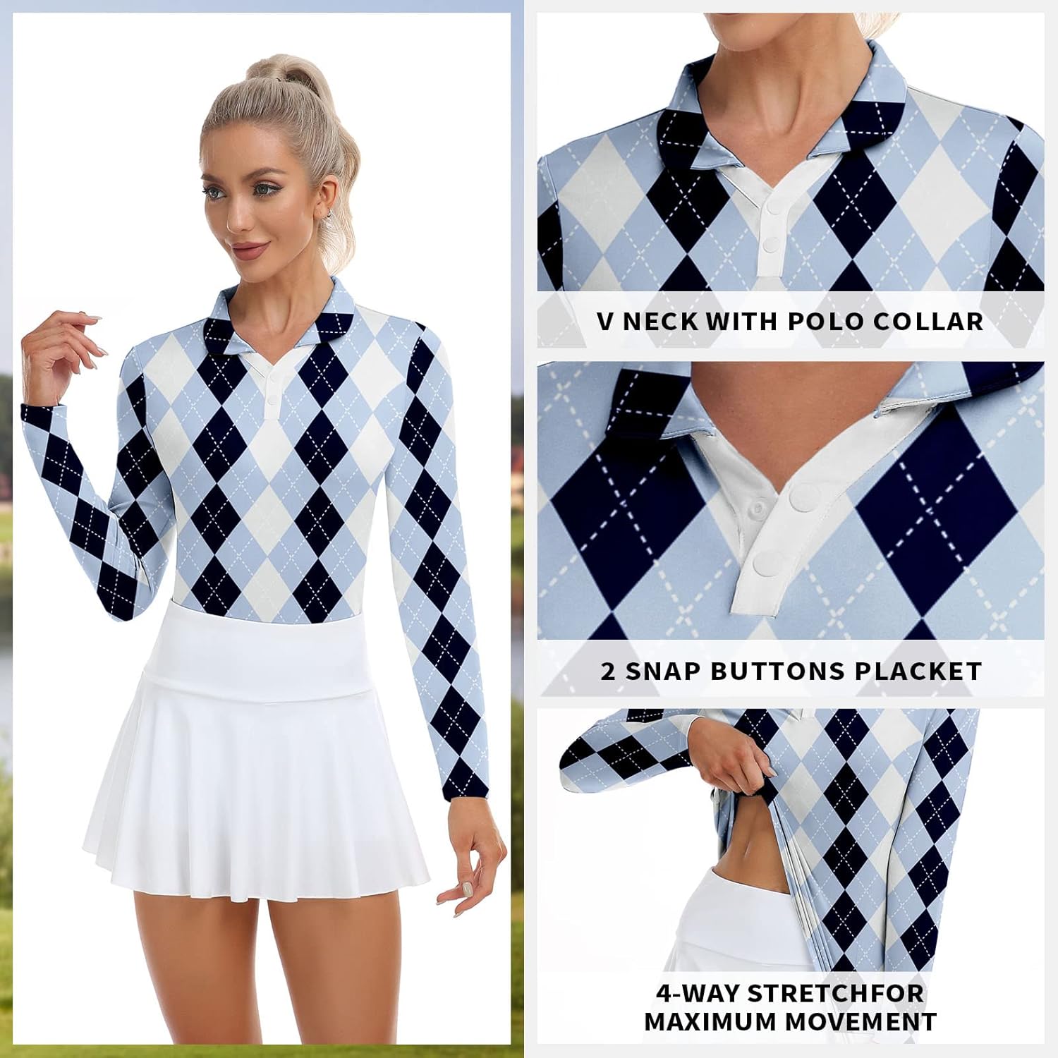 Soneven Womens Golf Shirts Moisture Wicking V Neck Long Sleeve Polo Shirts Collared Tops - Image 4