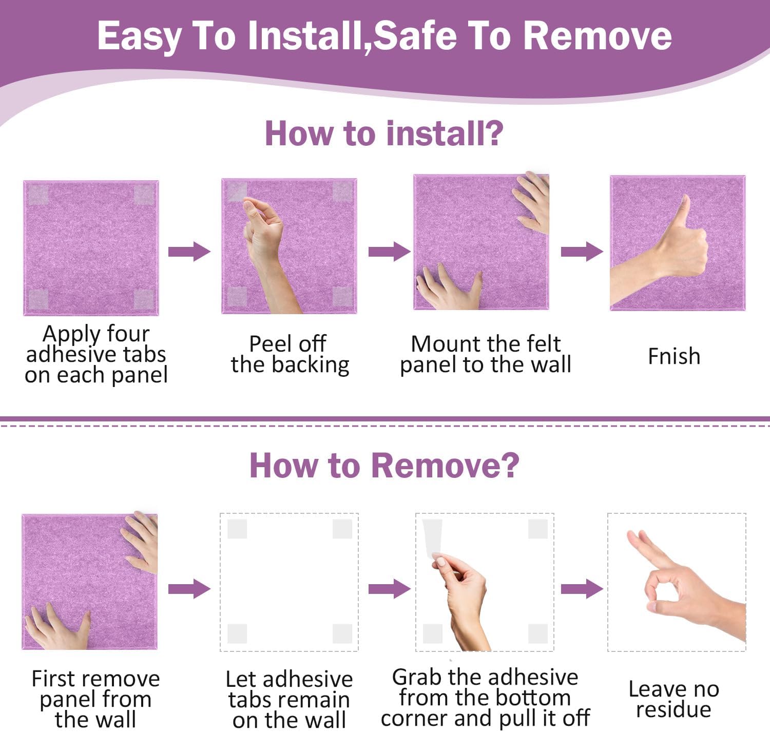 Felt Wall Tiles Bulletin Board with Removable Adhesive, 47"x35" Rose Purple Cork Board Alternative with 40 Push Pins, 12 Pack Large Office Cork Tile Push Board Felt Squares for Walls