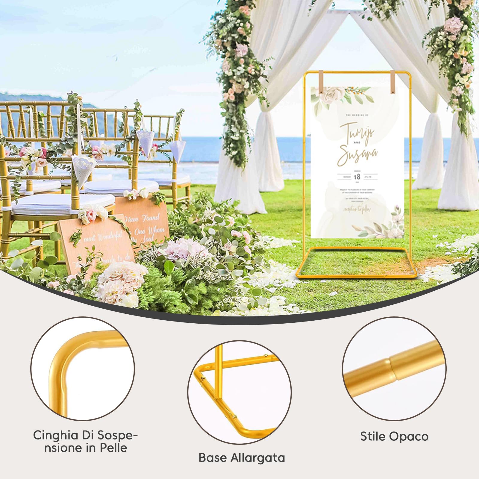 Supporto per cartelli nuziali, 173 x 80 x 50 cm Supporto per poster di matrimonio regolabile, con 4 cinghie in pelle, adatto per tabelle dei posti, ricevimenti, poster e decorazioni (Oro)