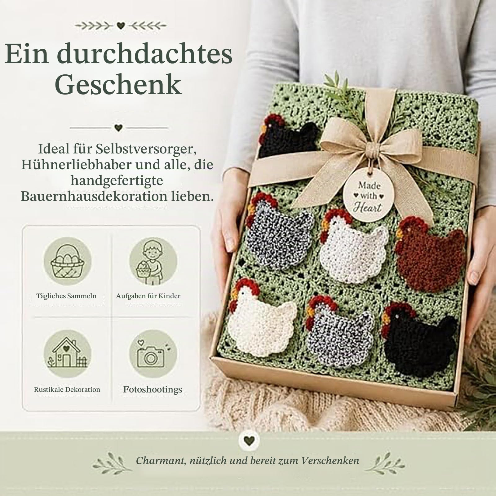 Handgehäkelte Schürze zum Eiersammeln mit individuellen Taschen – Sammelschürze für frische Hofeier, mit Hühnertaschen für Hühnerstall und Geflügelgehege