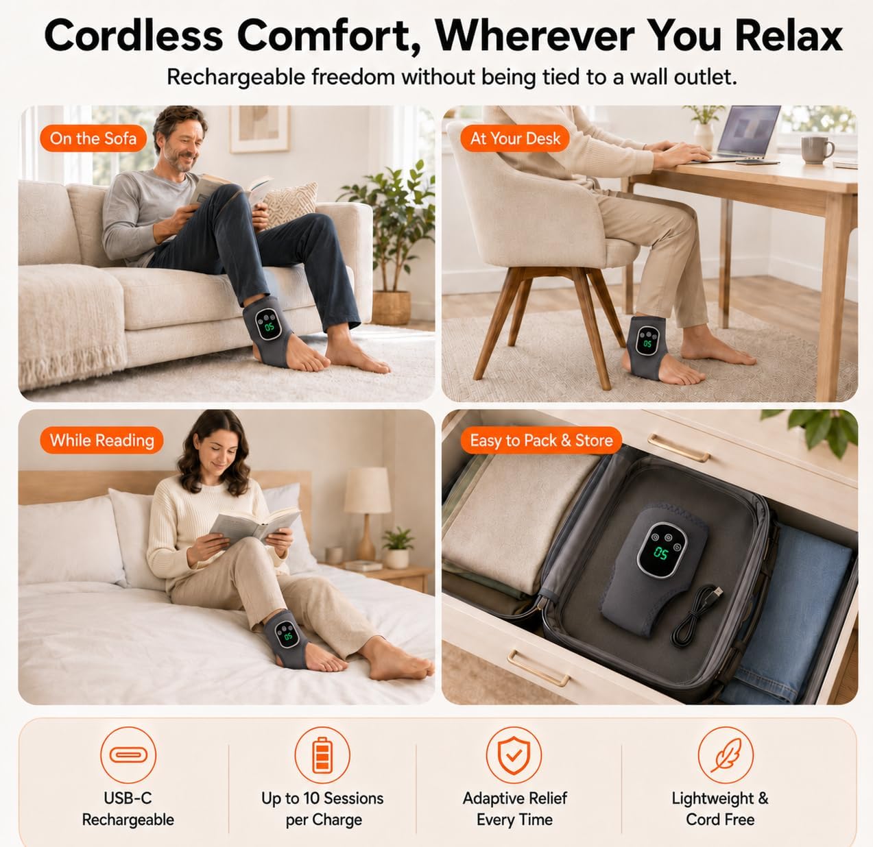 Masajeador de pies eléctrico 3 en 1 con 3 niveles de calor y masaje, ajustable, portátil, inalámbrico, para dolor y circulación
