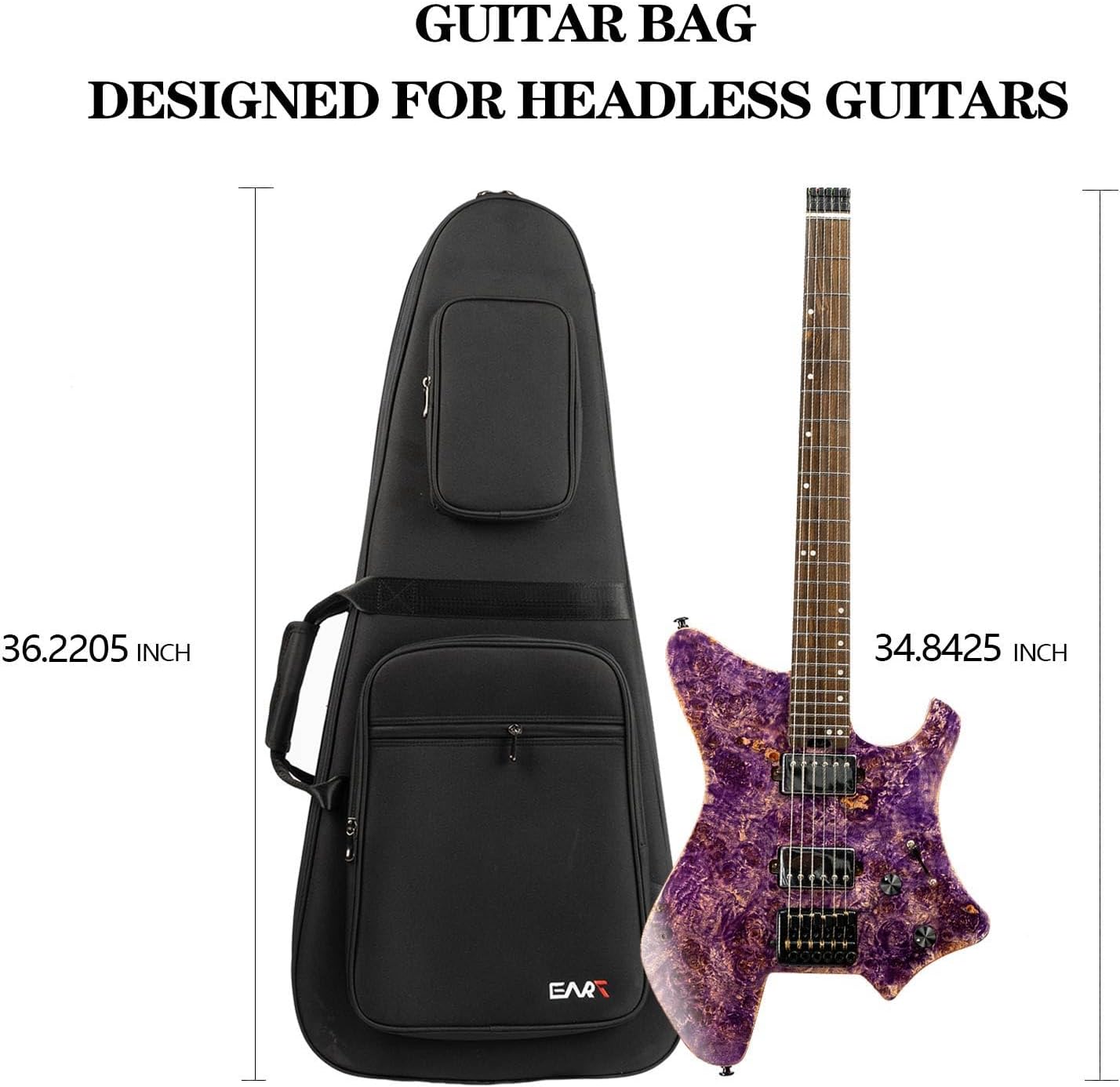 EART 36 Inch Headless Electric Guitar Case, Waterproof Nylon Soft Electric Guitar Bag with Dual Adjustable Shoulder Strap,Black