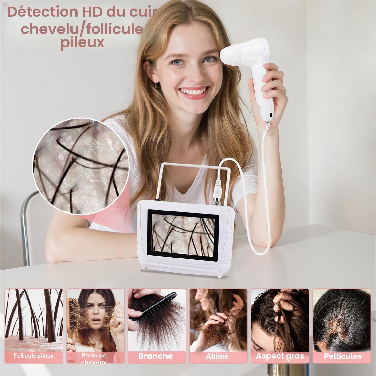 Analyseur de cheveux en cuir, microscope numérique LCD de 5 pouces, scanner détecteur de cuir chevelu, 50X 200X, portable, rechargeable, huile de follicule pileux, détecteur d'augmentation d'humidité