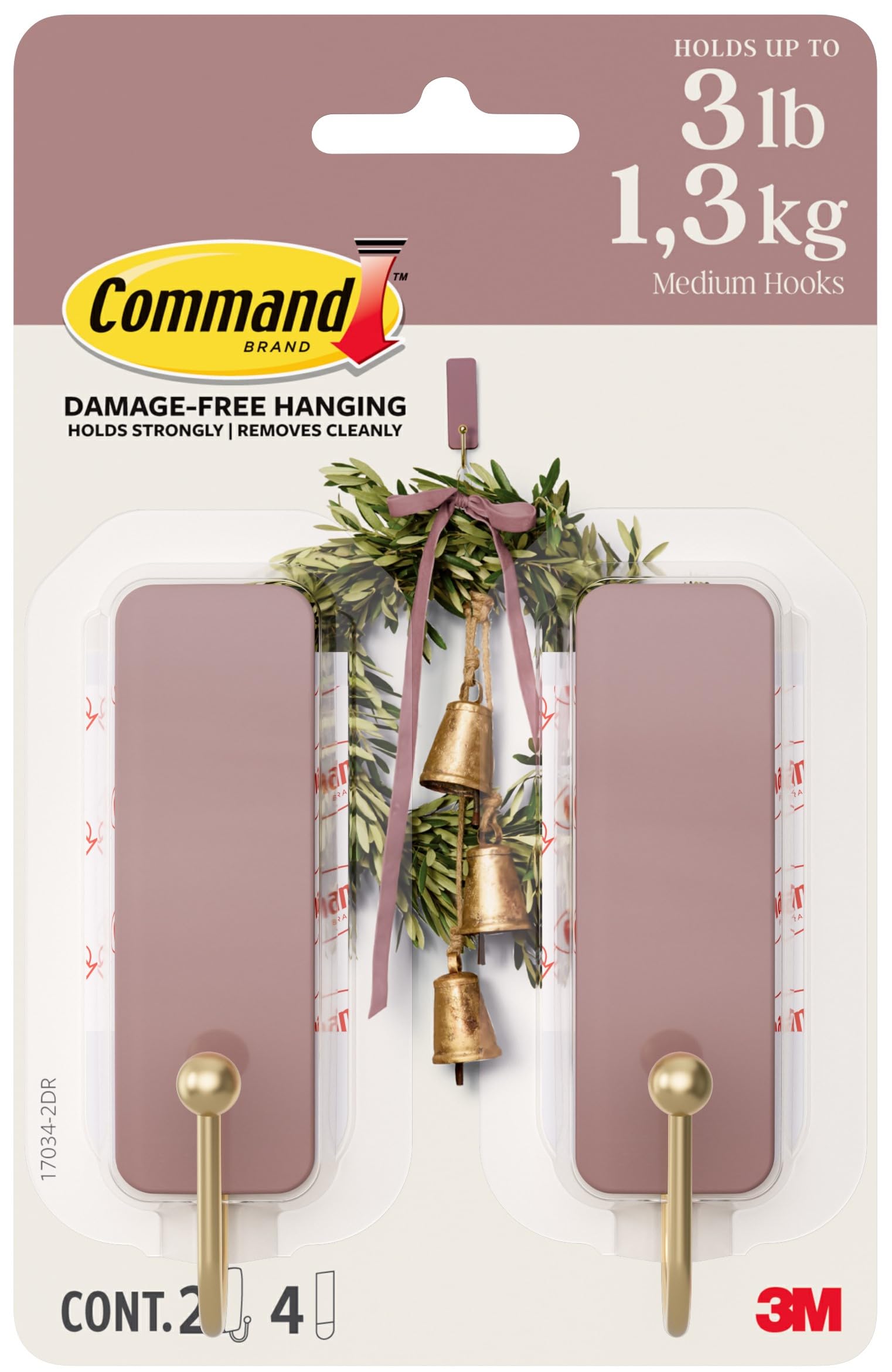 Command Medium Wall Hooks Gold Tone Hook 2 Hooks - Damage-Free Hanging - Rose