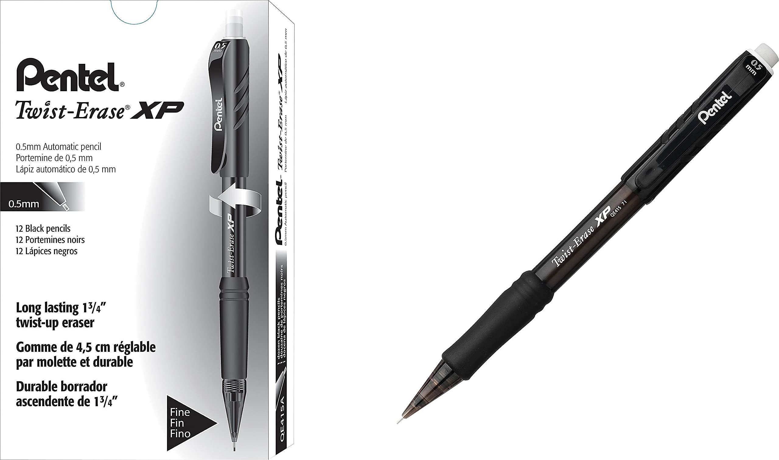 Pentel Matita meccanica,Ricaricabile piombo/gomma,.5mm,12/BX, Nero
