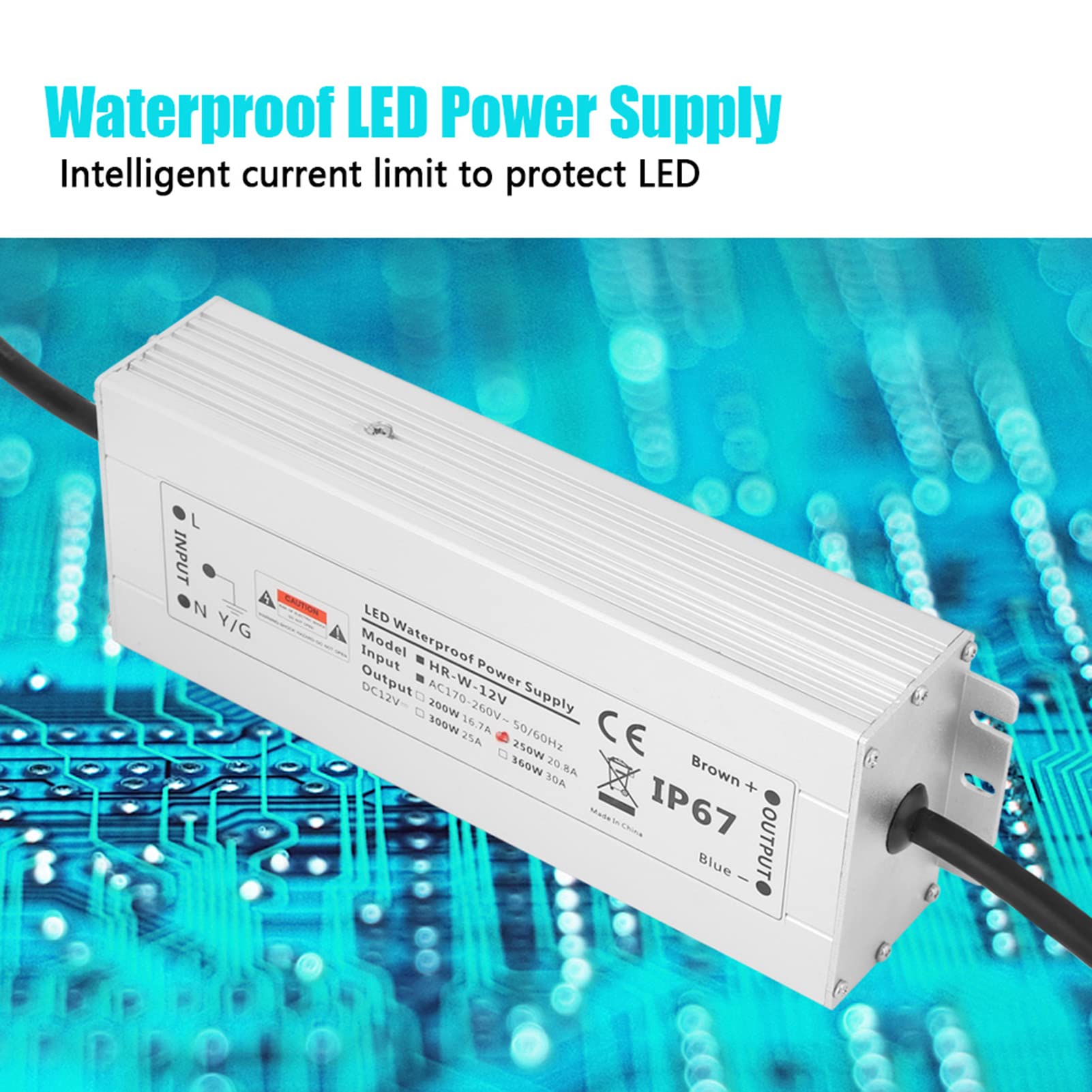 Driver a LED da 250 W, guscio di alluminio ad alta potenza da 24 V IP67 Antità anti -acqua per la striscia di luce a LED (12V 20.8A HRW-12V250W)