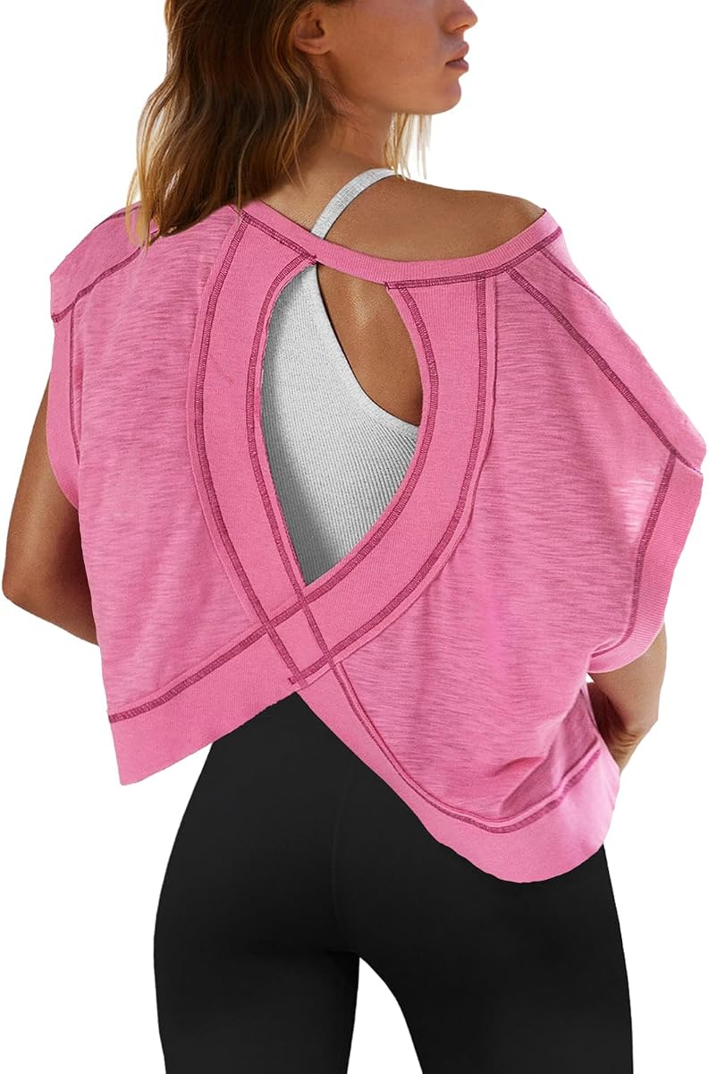 SENSERISE Camiseta deportiva de manga corta con espalda abierta para mujer, sin espalda, para correr, gimnasio, yoga